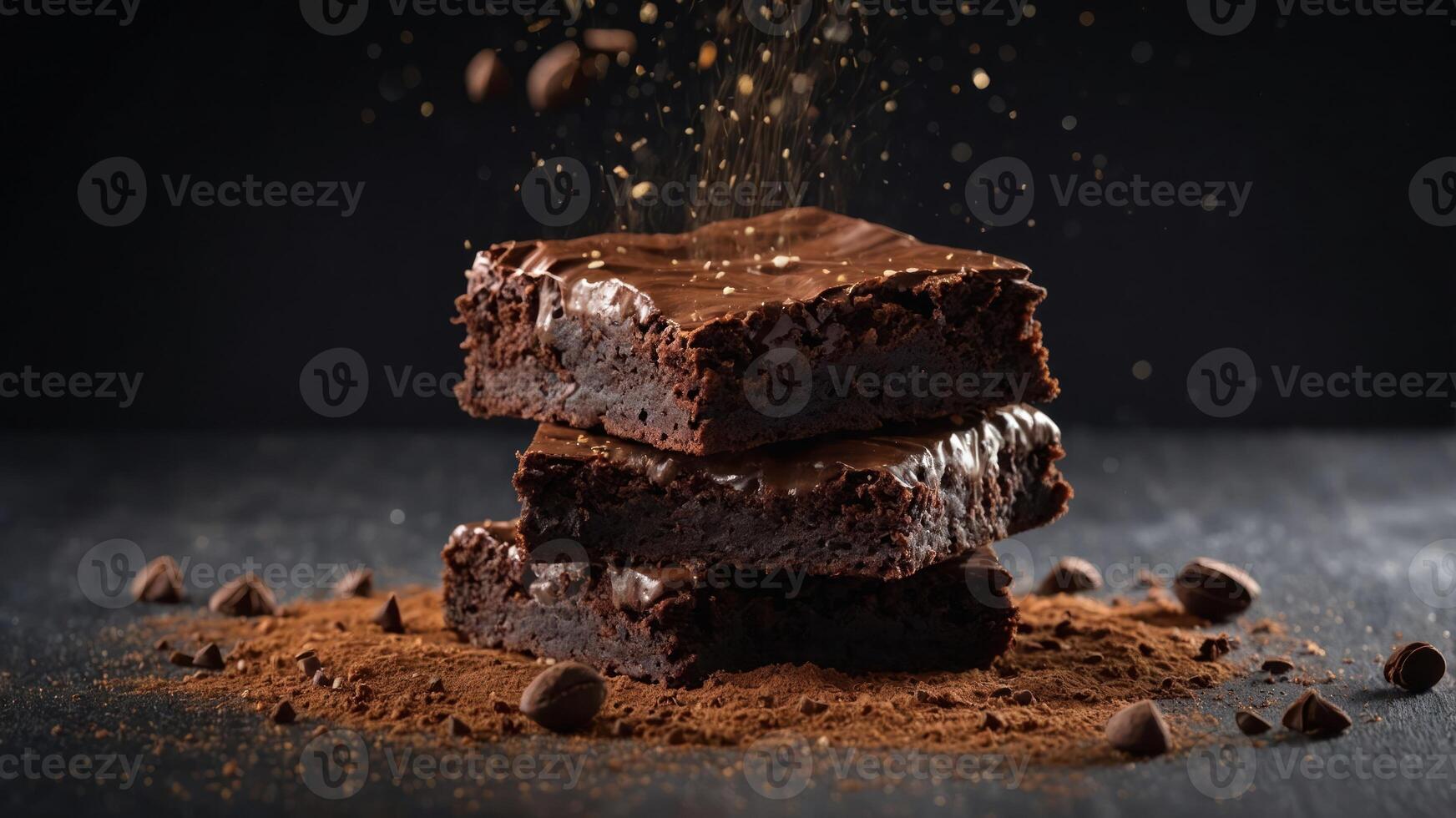 A stack of delicious brownies with cocoa powder and chocolate chips, highlighting indulgence. photo