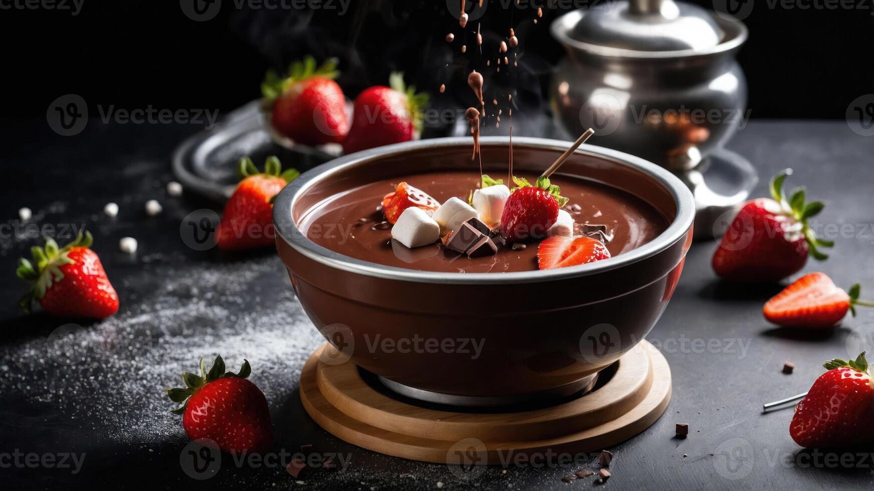A rich chocolate fondue surrounded by fresh strawberries and marshmallows, inviting indulgence. photo