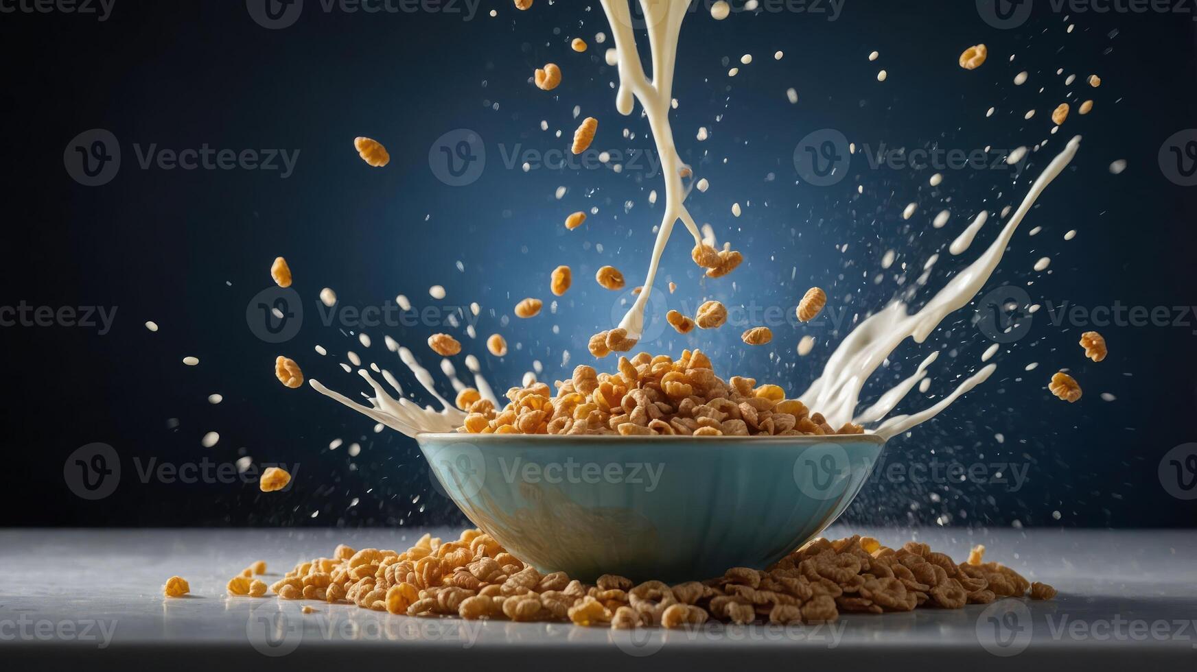 A bowl of cereal splashing milk, creating a dynamic and appetizing scene. photo