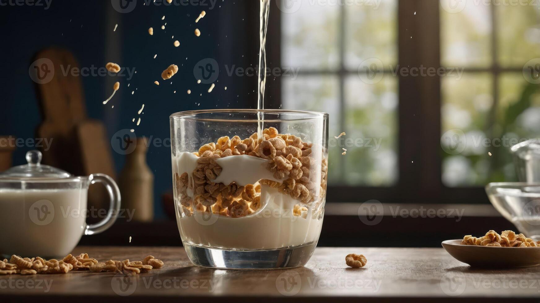 A glass filled with yogurt and granola, capturing the moment of pouring granola. photo