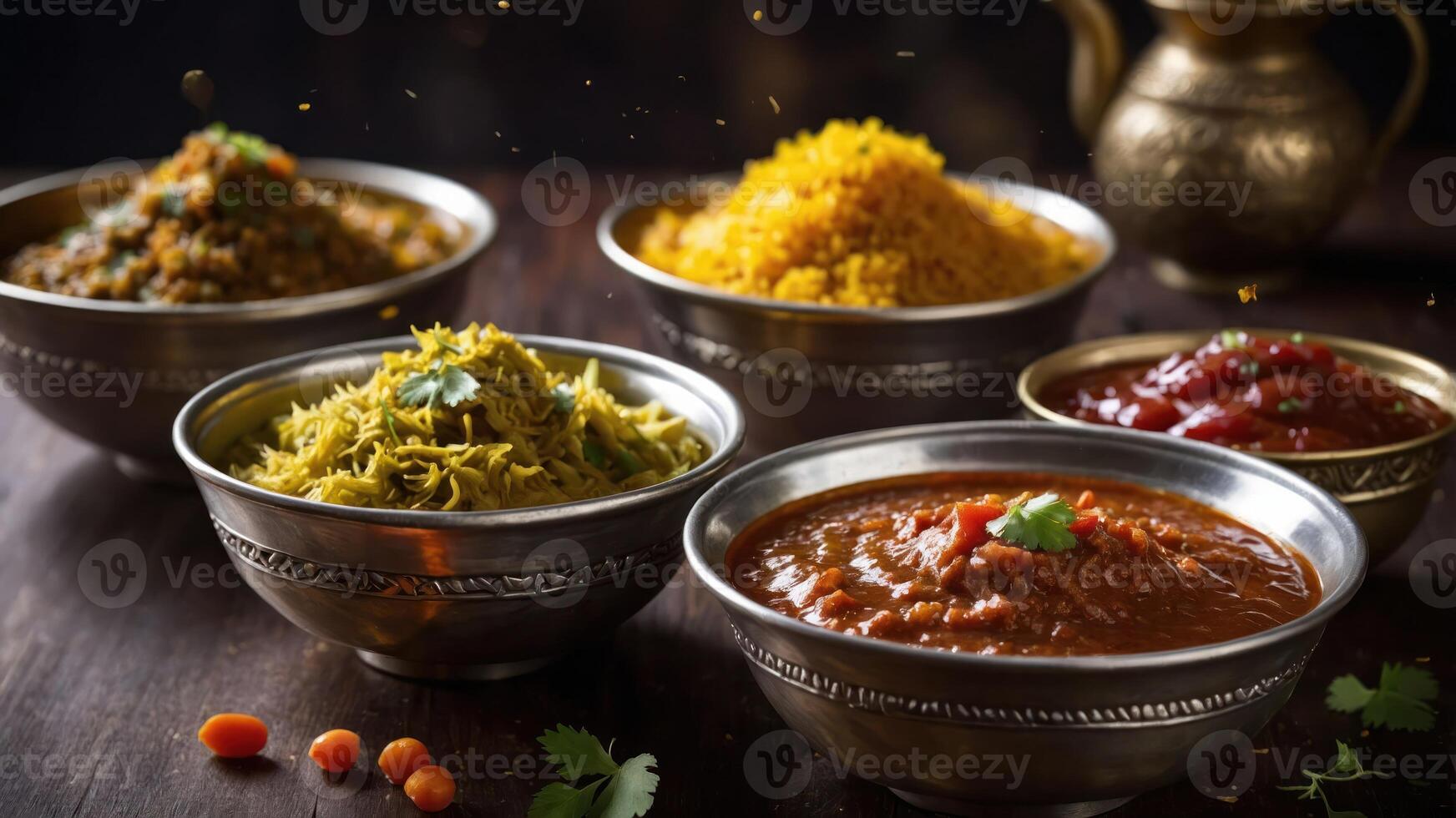A vibrant spread of Indian dishes in decorative bowls, showcasing rich flavors and colors. photo