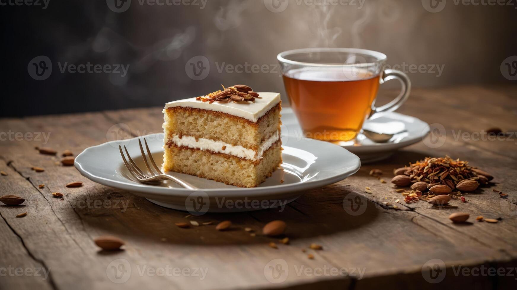 A slice of cake on a plate beside a cup of tea, set on a rustic wooden table. photo