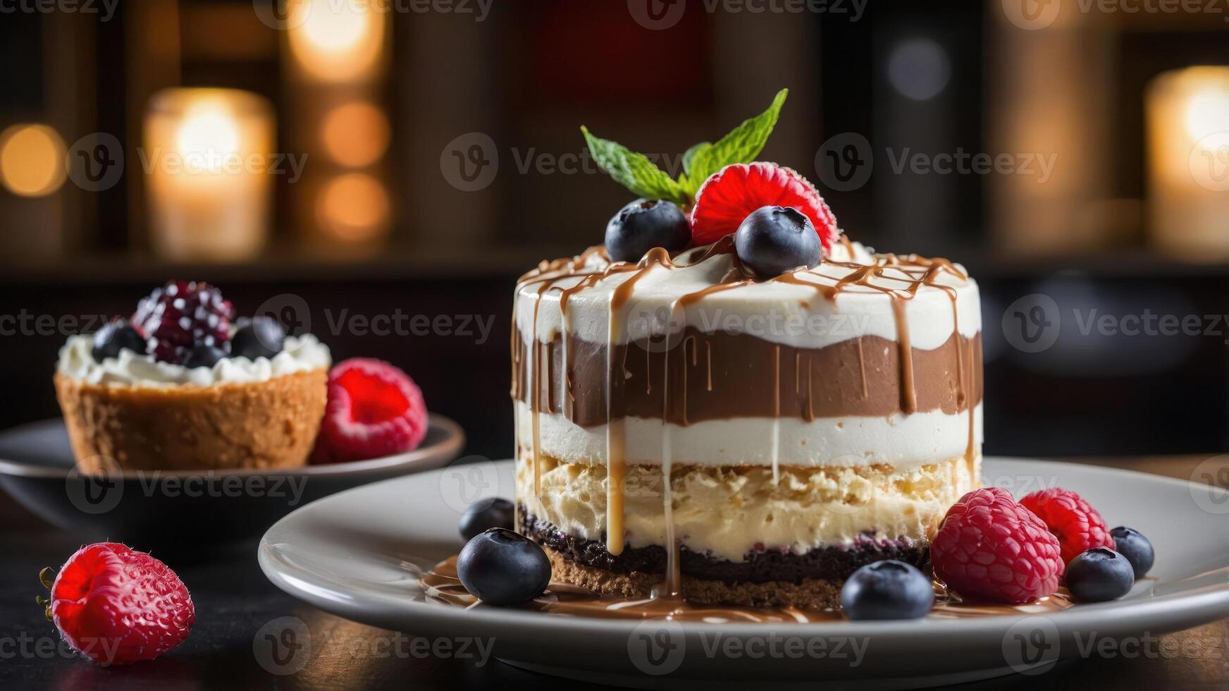 A decadent layered dessert with chocolate, cream, and berries, served on a plate. photo