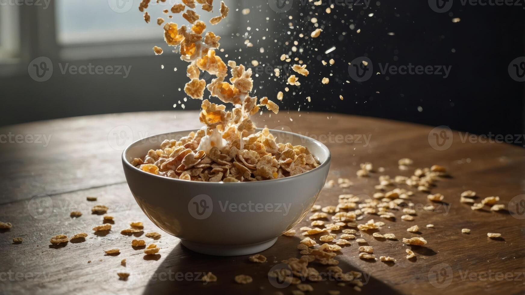 A bowl of cereal with pieces spilling onto a wooden table, capturing a dynamic breakfast scene. photo