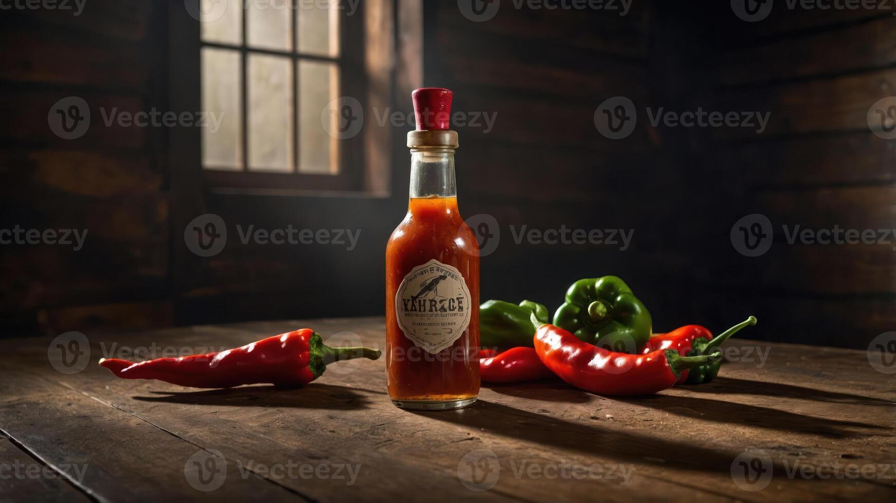 A bottle of hot sauce surrounded by fresh chili peppers on a rustic wooden table. photo
