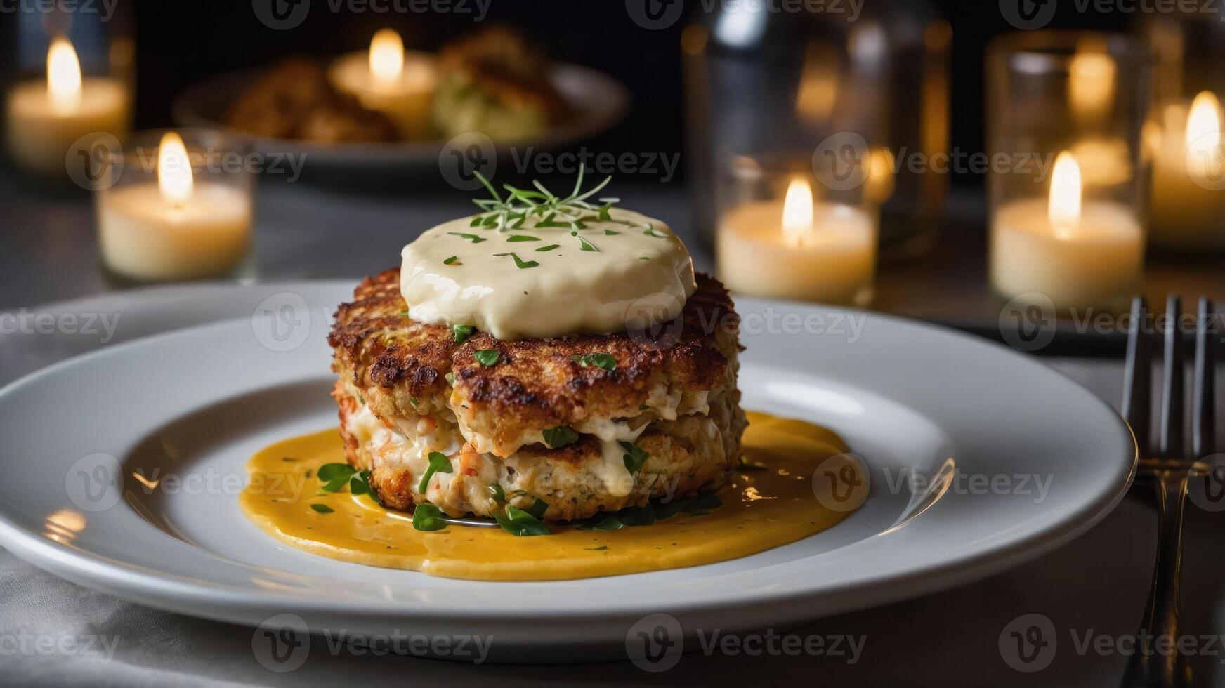 A gourmet crab cake served on a sauce with a dollop of creamy topping, surrounded by candles. photo