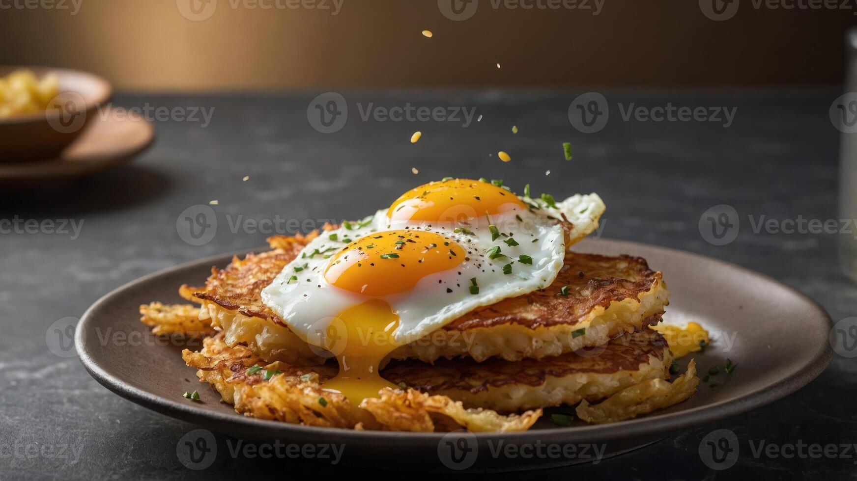 A plate of crispy hash browns topped with two fried eggs, showcasing a delicious breakfast. photo