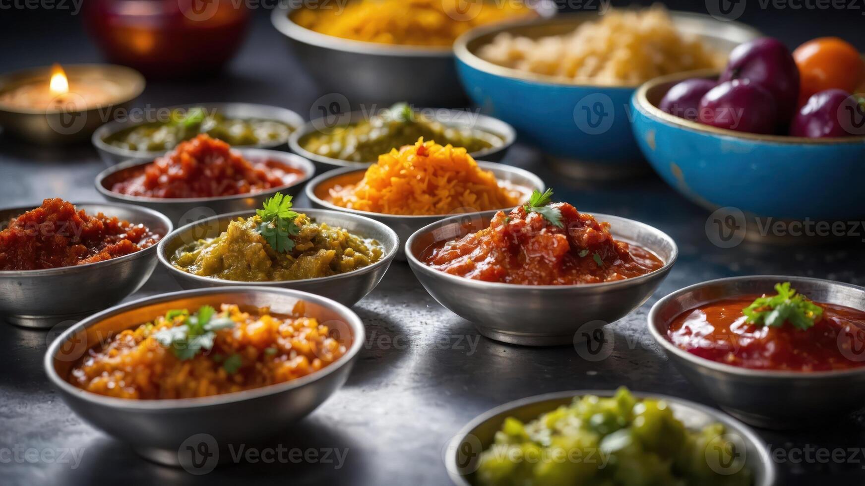 A vibrant array of colorful Indian dishes and condiments in silver bowls, showcasing culinary diversity. photo