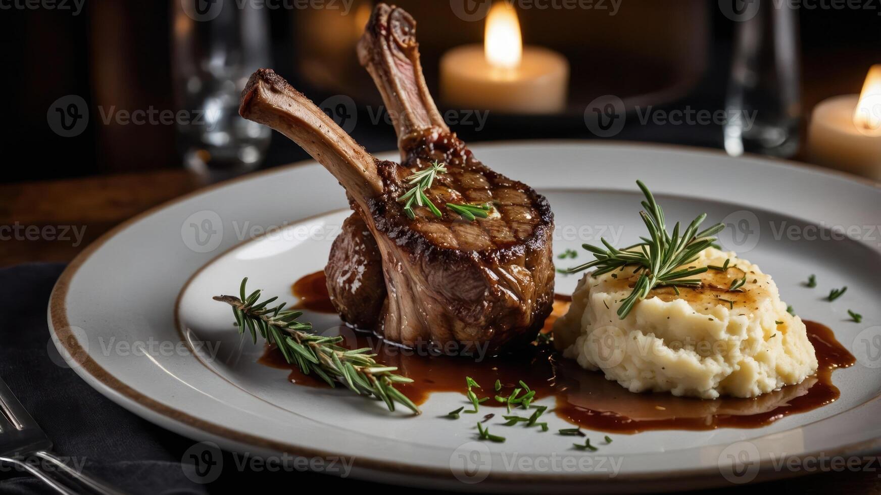 A gourmet plate featuring lamb chops with mashed potatoes and garnished with herbs. photo