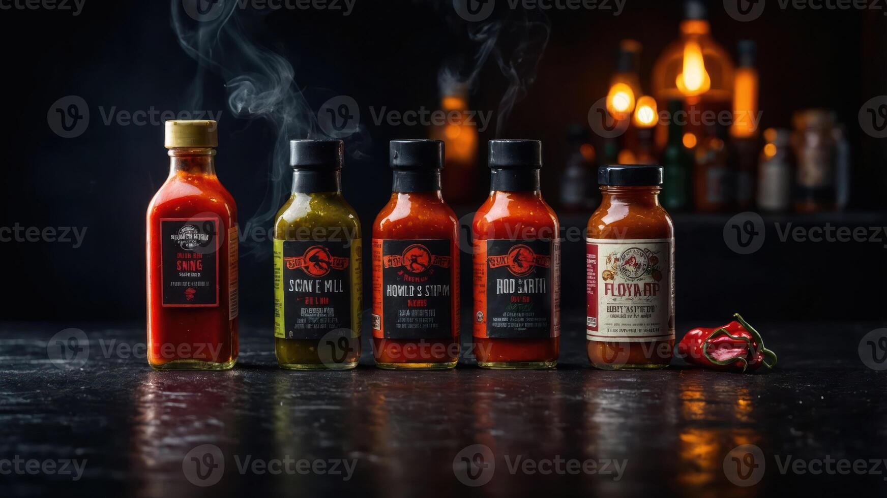 A collection of hot sauces displayed with a dark, moody background. photo