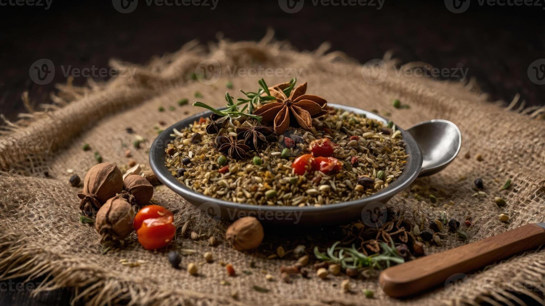 A bowl of assorted spices and herbs arranged artistically on a textured fabric background. photo