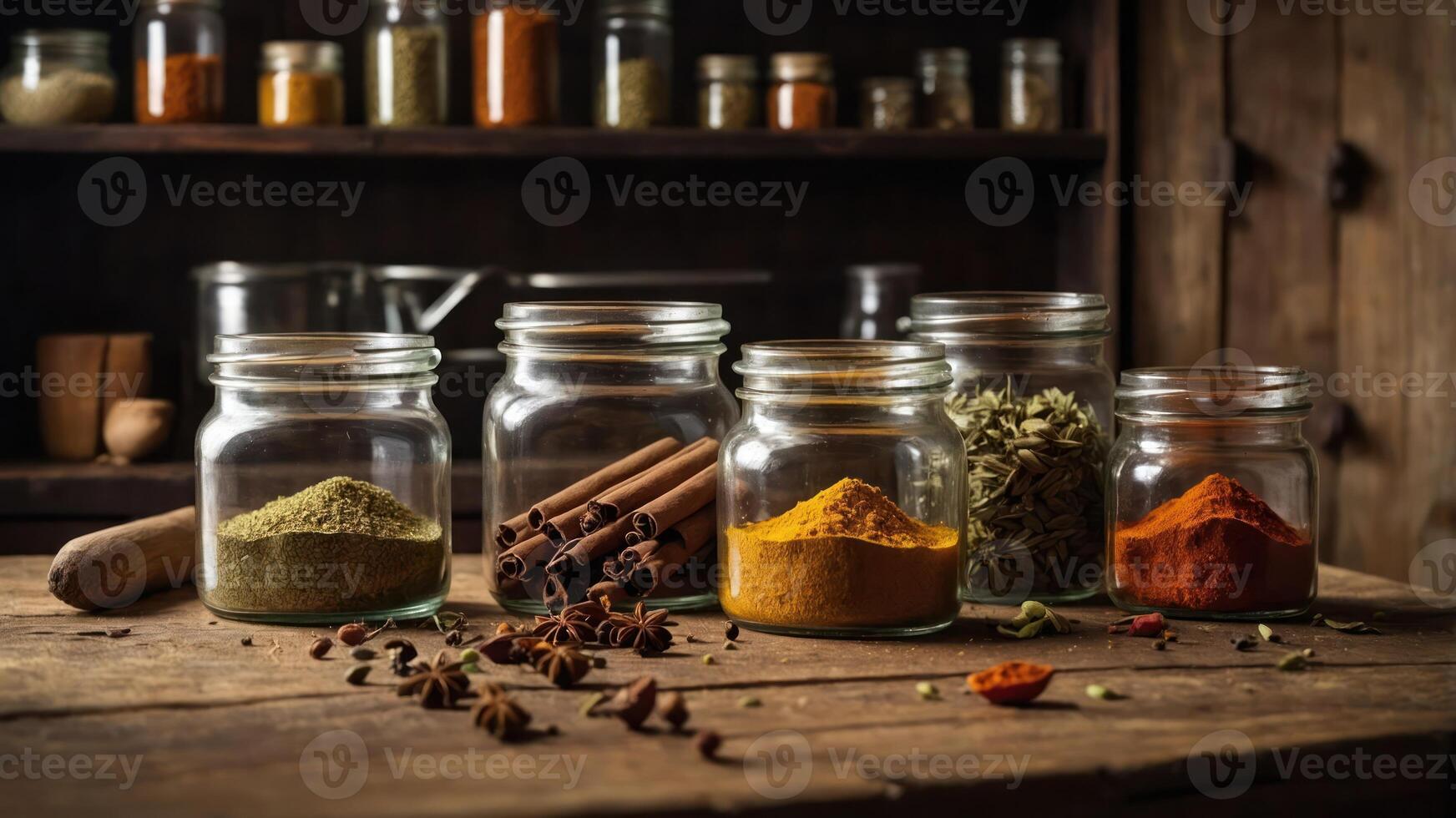 Jars of colorful spices arranged on a wooden table, showcasing culinary ingredients. photo