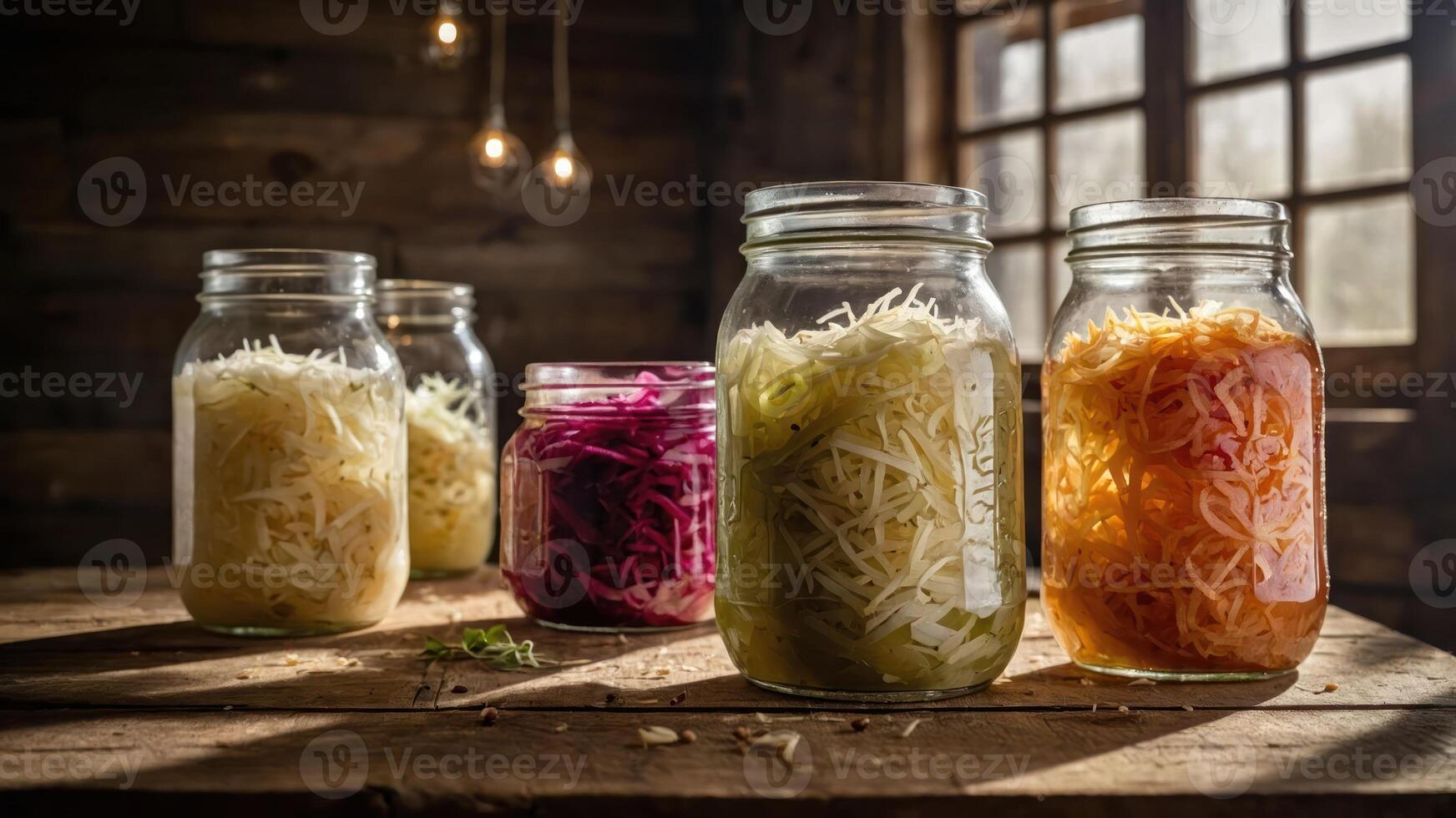 Jars of colorful fermented vegetables on a wooden table, showcasing food preservation. photo