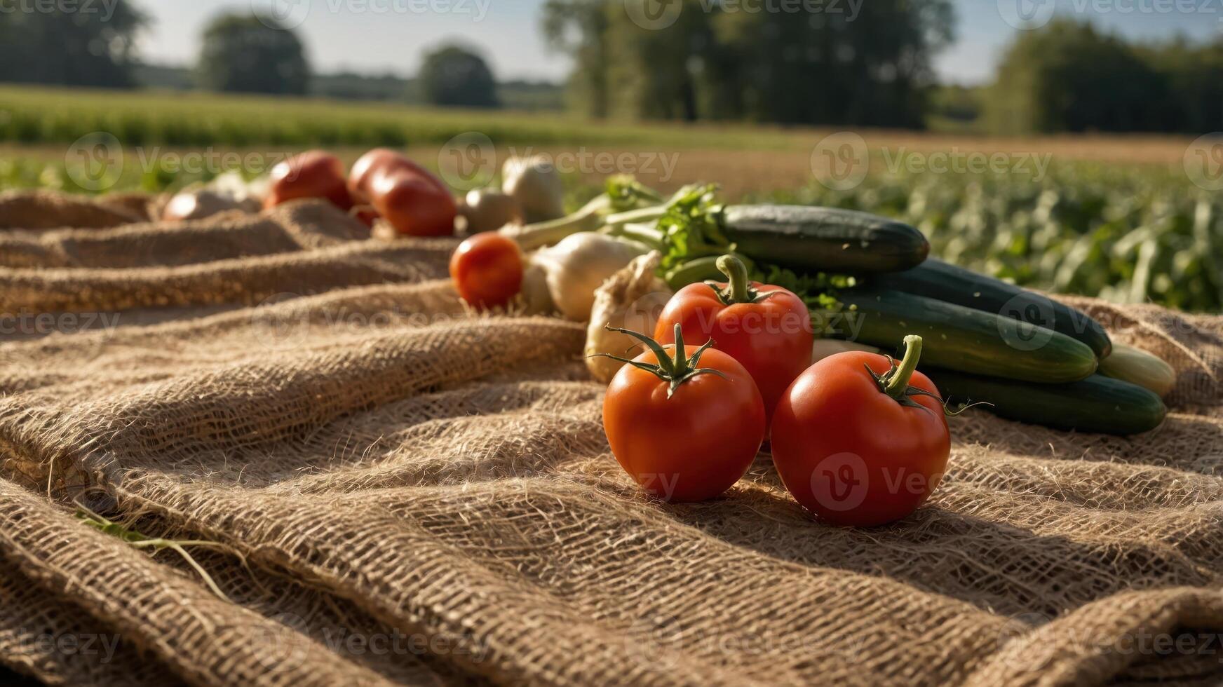 Fresh vegetables arranged on burlap in a farm setting, showcasing harvest abundance. photo