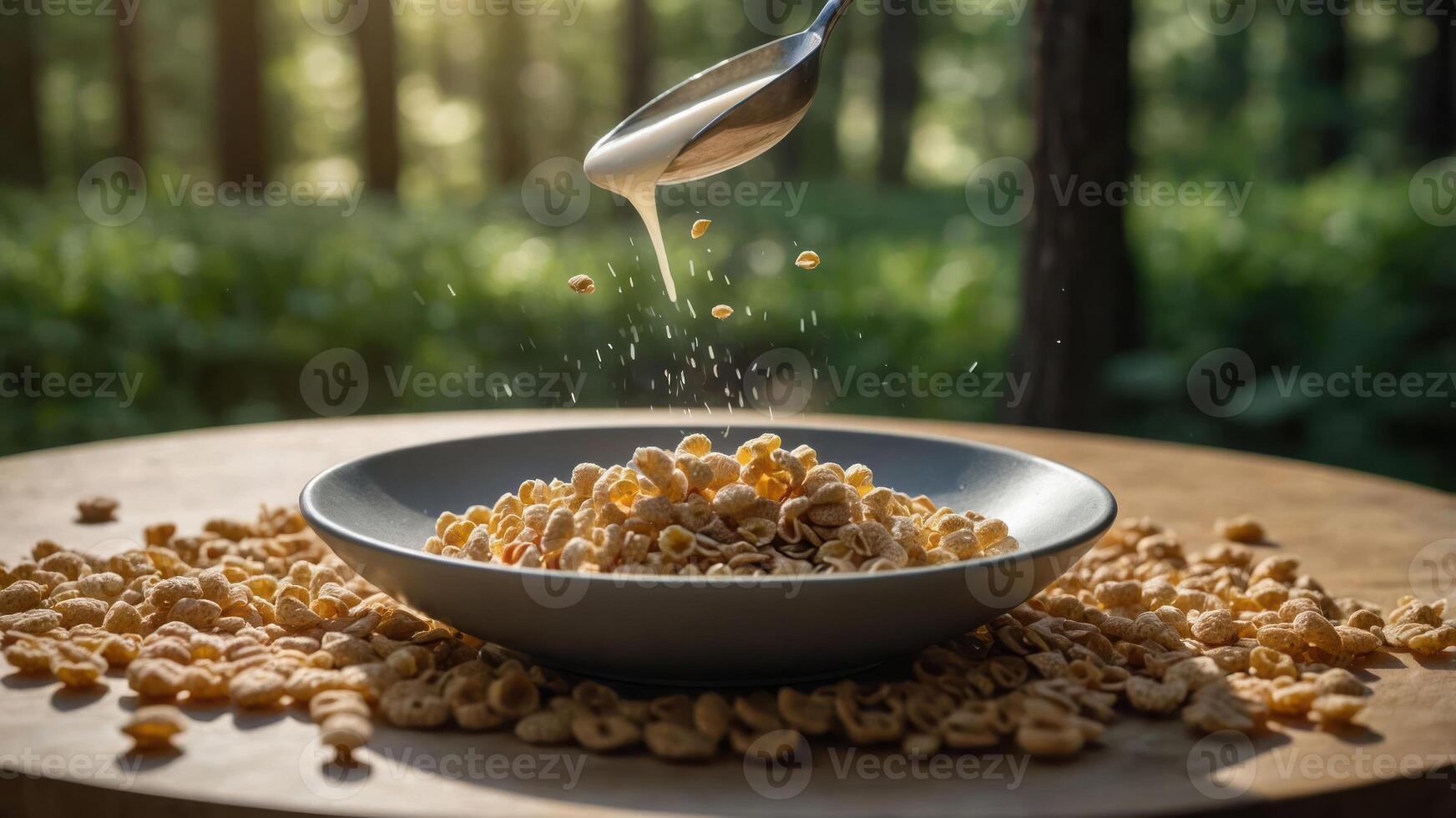 A bowl of cereal with milk being poured, surrounded by scattered cereal on a wooden table. photo