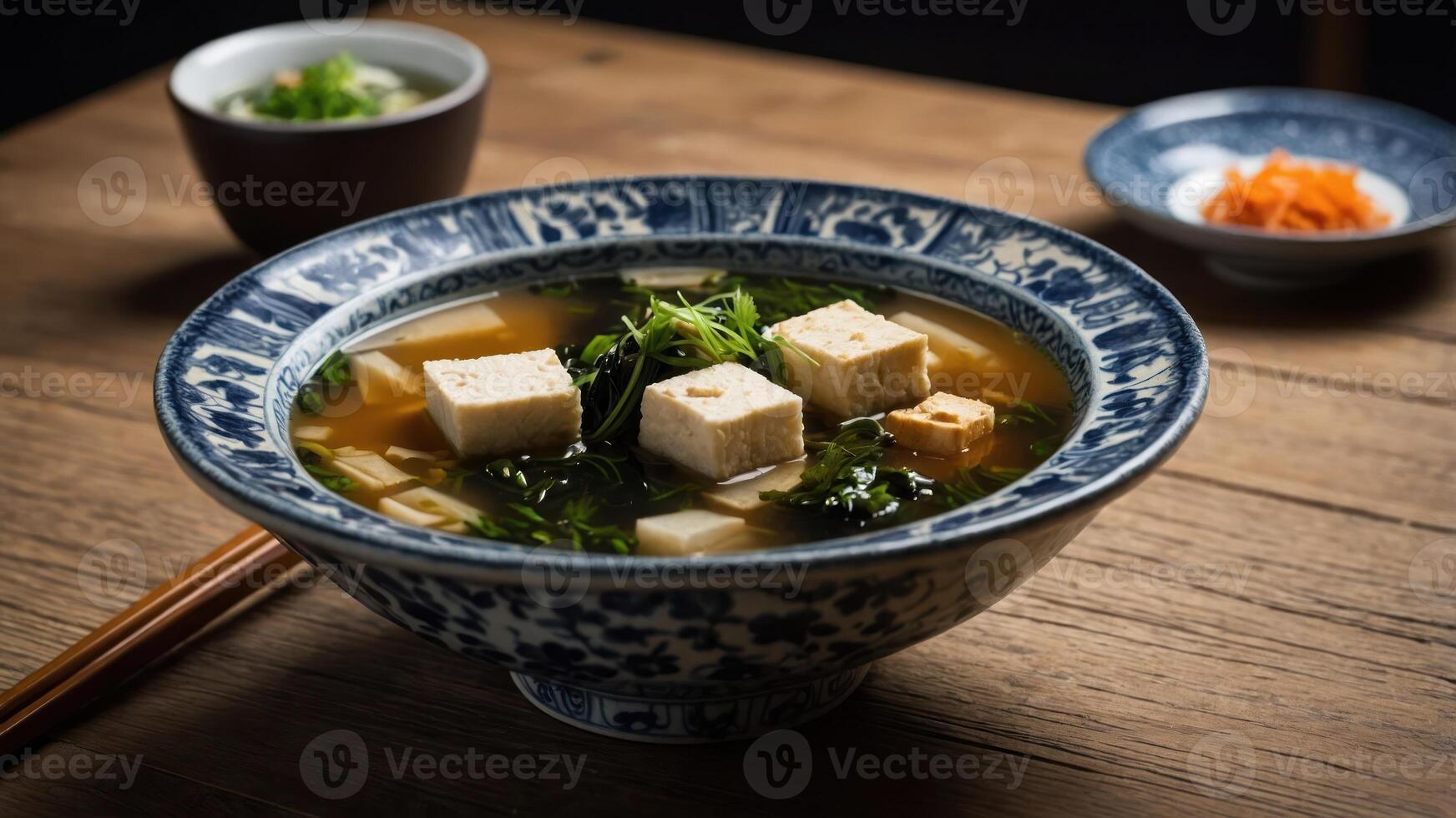 A bowl of soup with tofu, vegetables, and herbs on a wooden table, ready for a meal. photo