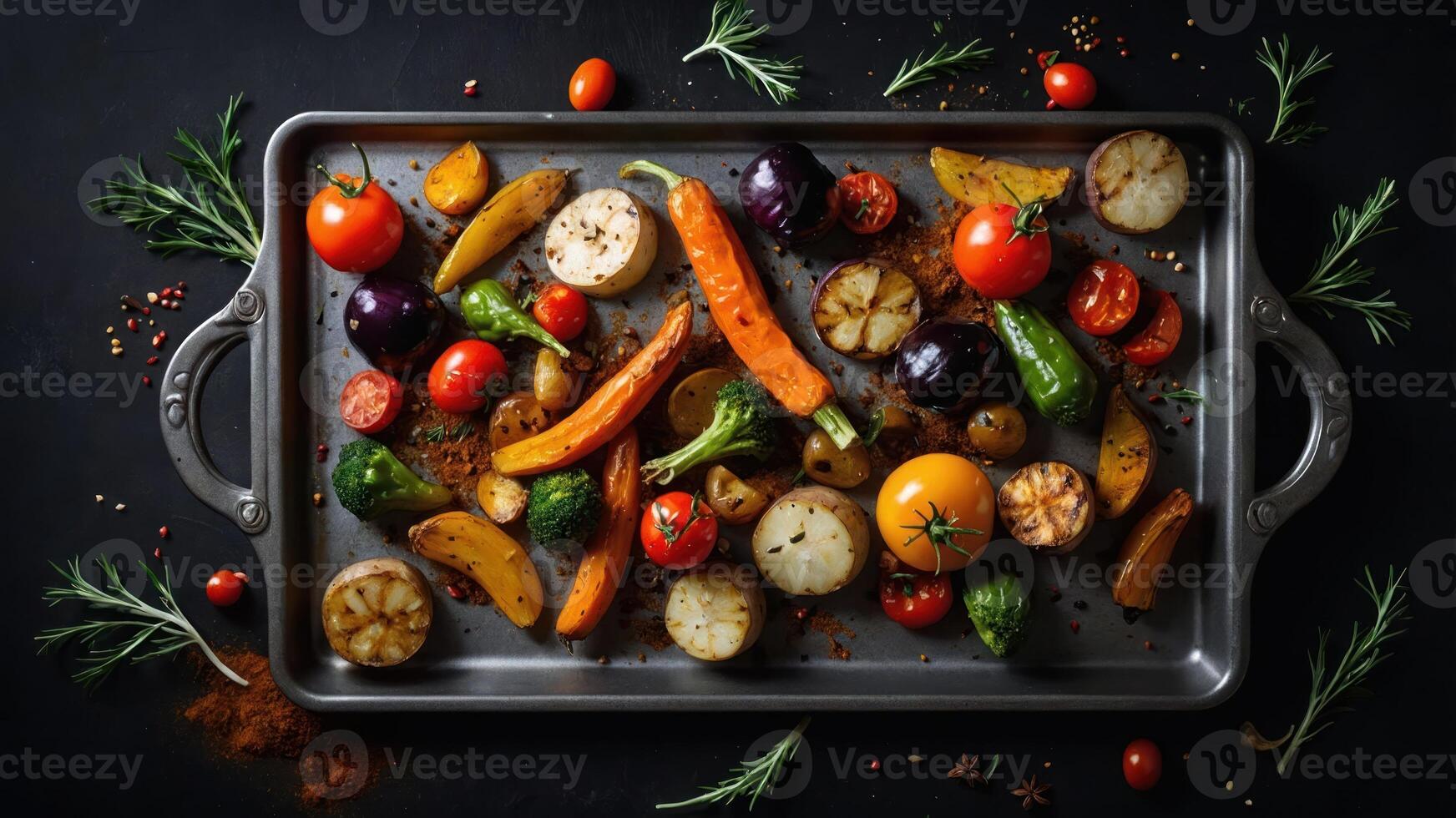 A vibrant assortment of roasted vegetables arranged on a tray. photo