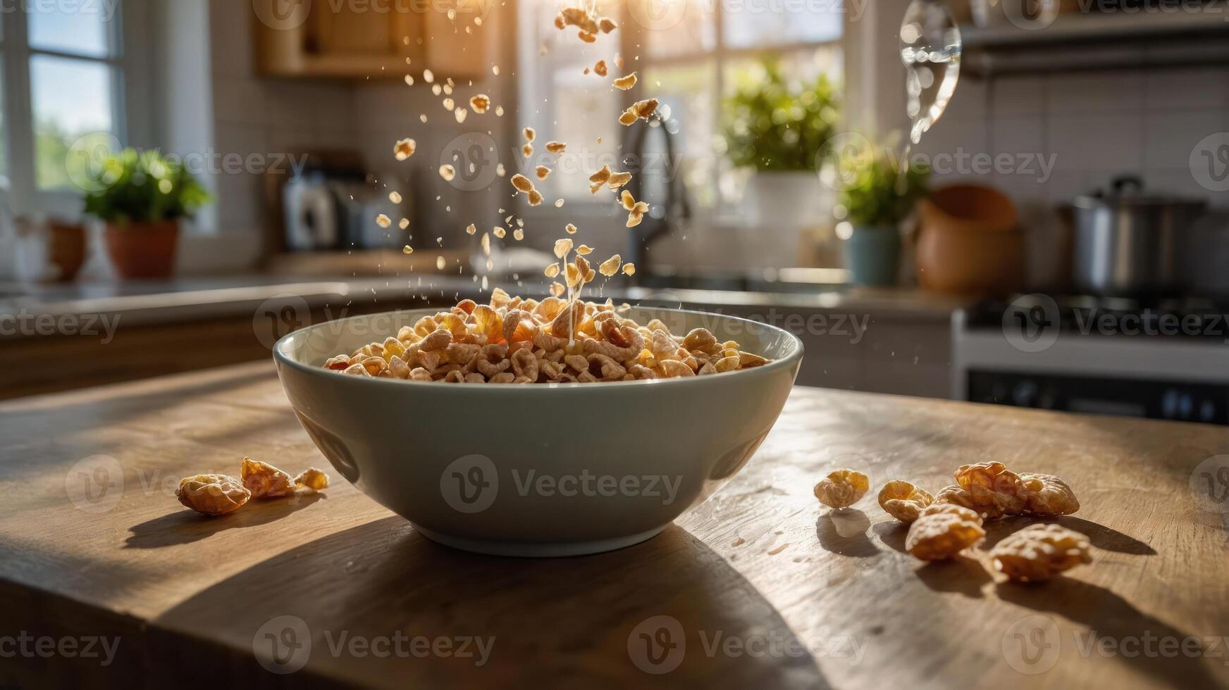 A bowl of popcorn with kernels floating in a sunlit kitchen. photo