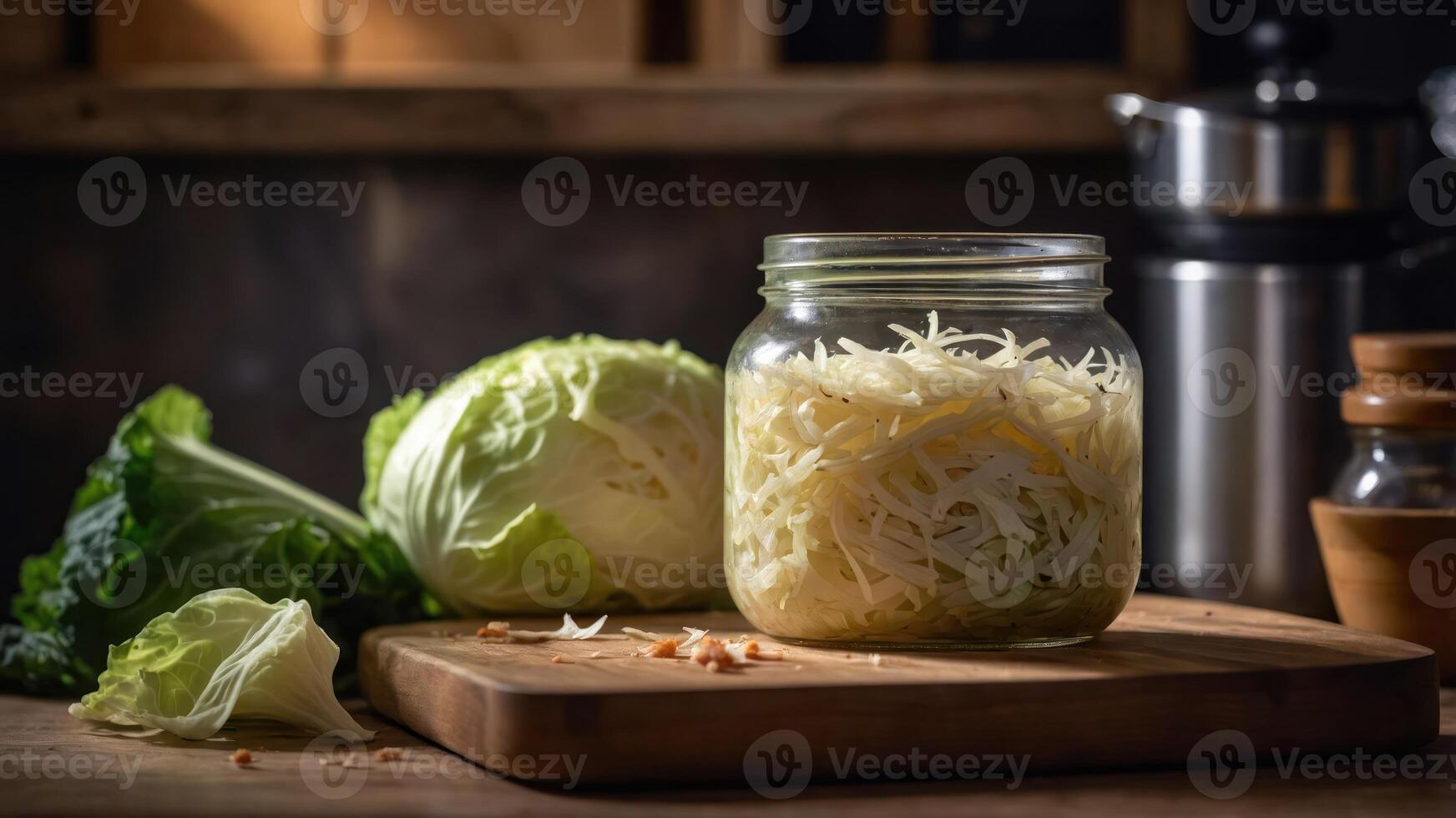 A jar of fermented cabbage sits on a wooden board, surrounded by fresh cabbage. photo