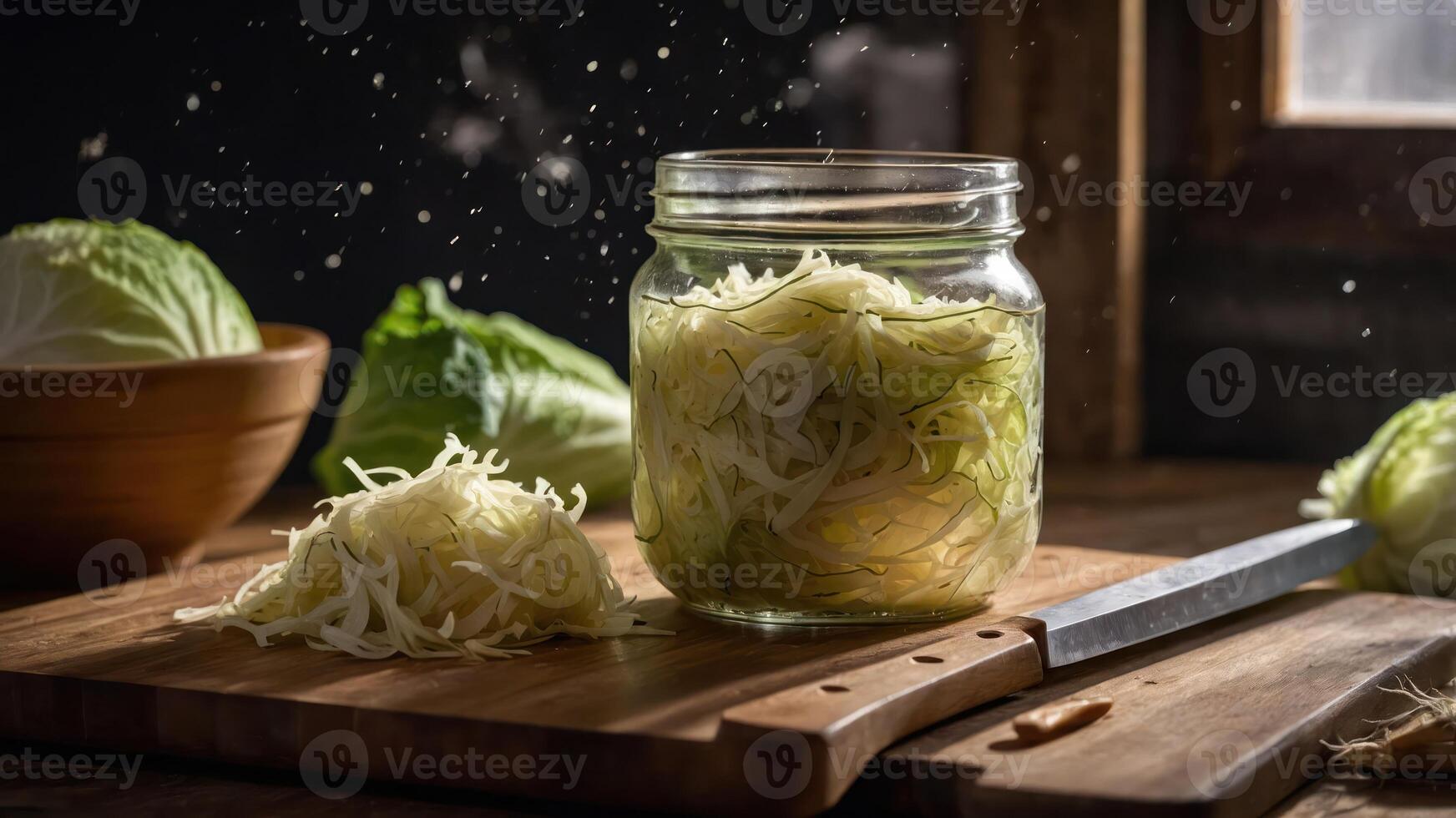 A jar of shredded cabbage on a wooden board, showcasing preparation for fermentation. photo