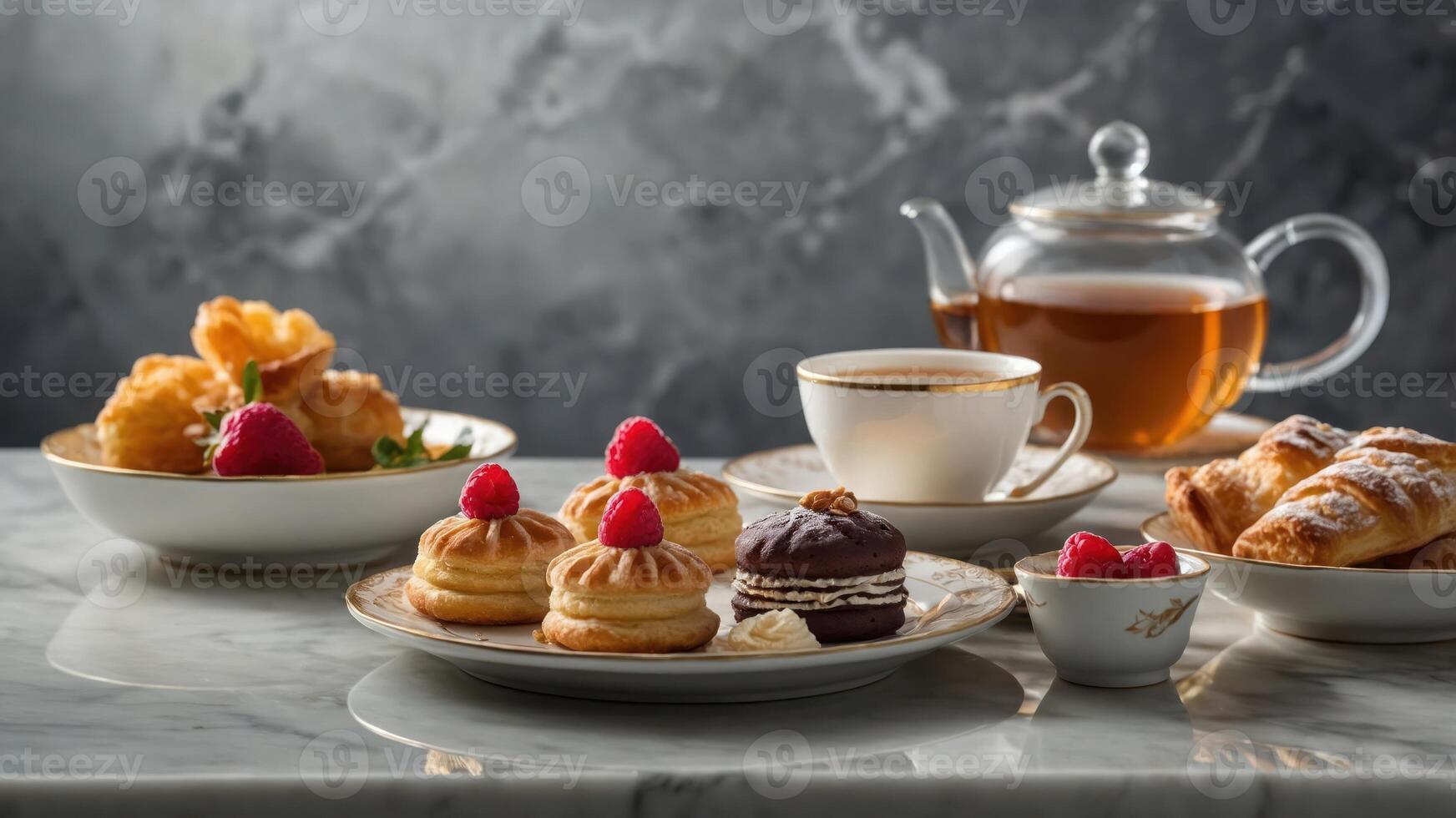 A delightful tea set featuring pastries, a cup of coffee, and a teapot on a marble table. photo