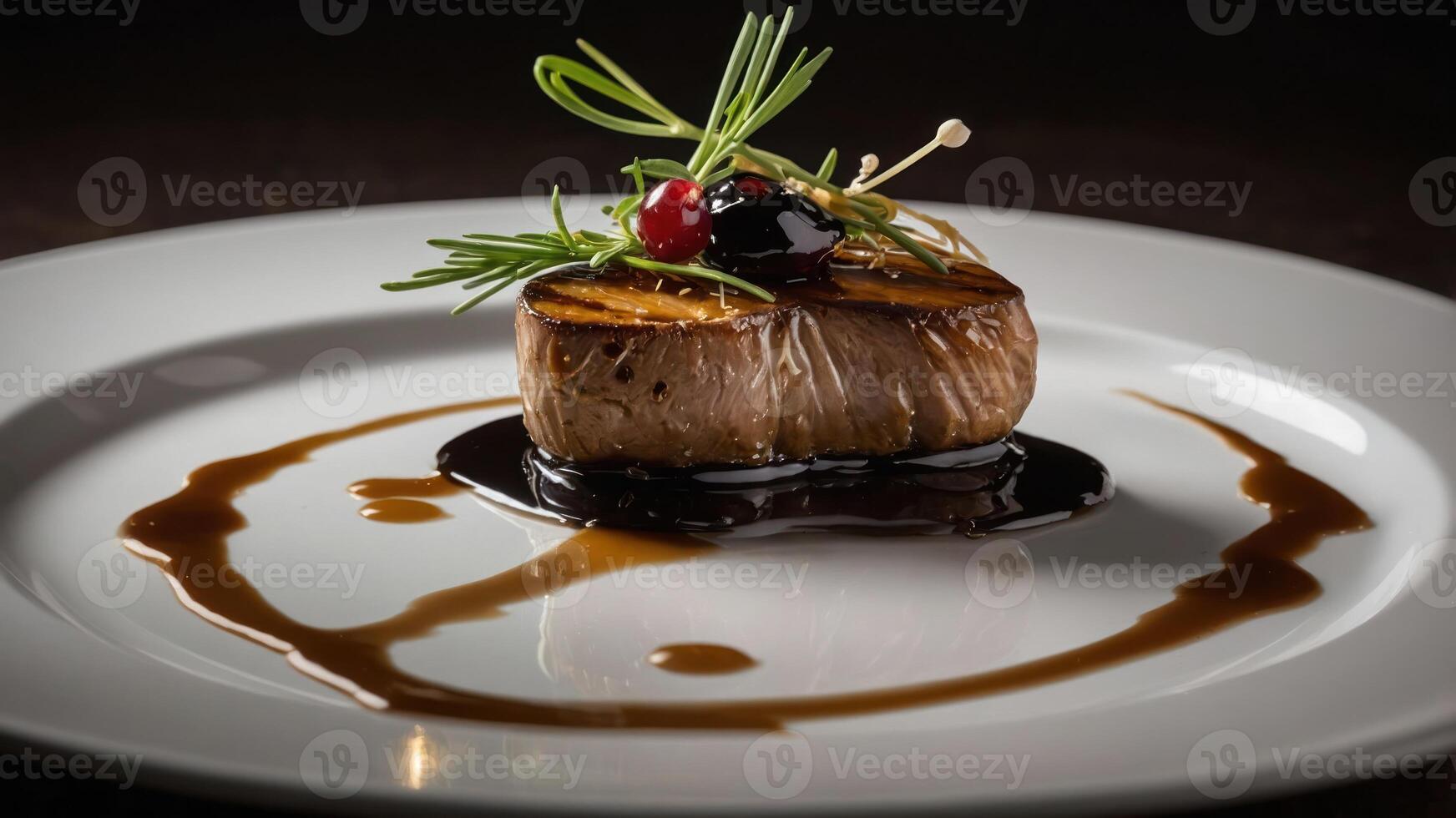 A gourmet dish featuring a grilled meat fillet garnished with herbs and a sauce drizzle. photo