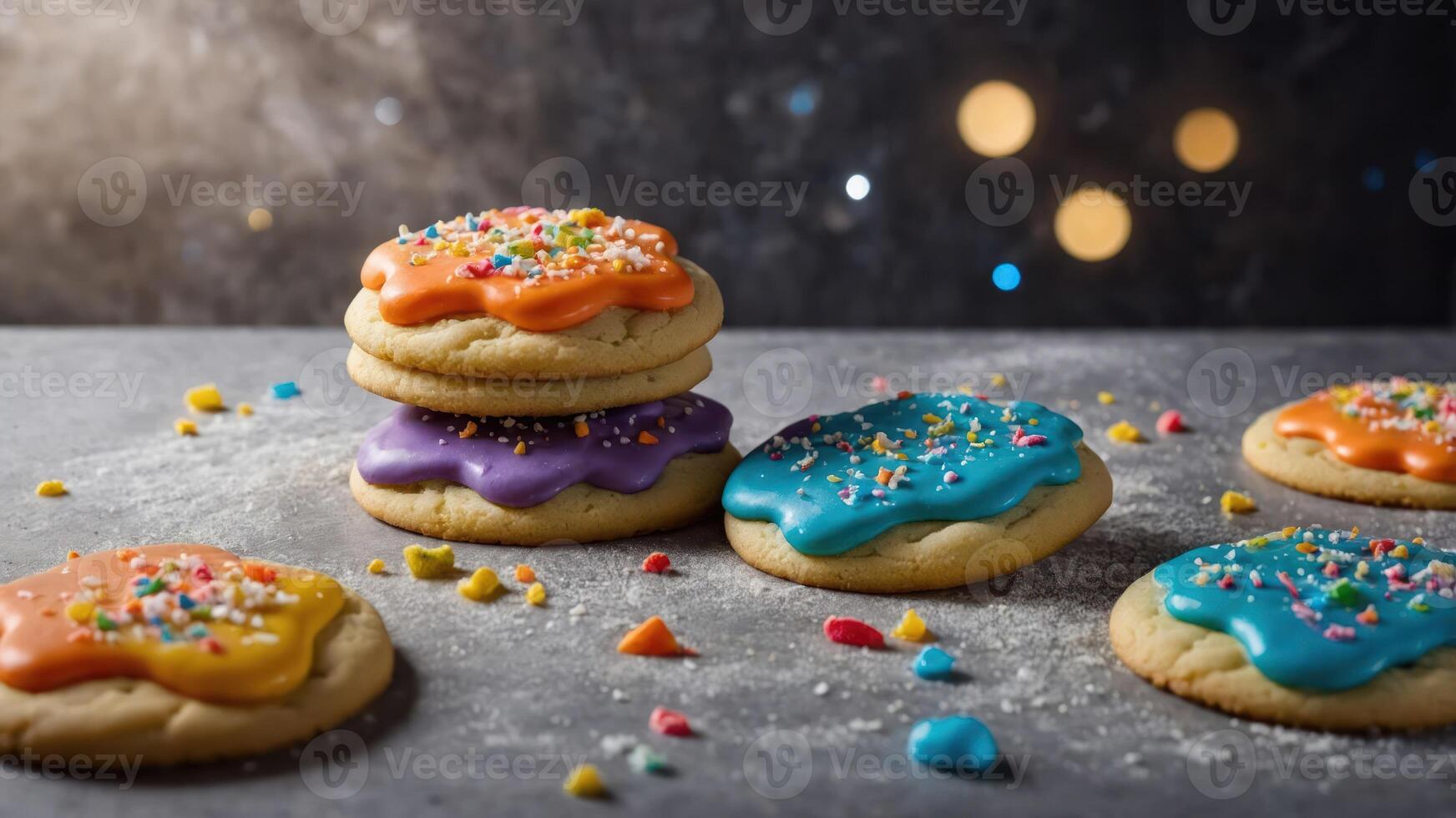 Colorful frosted cookies with sprinkles on a textured surface, creating a festive atmosphere. photo
