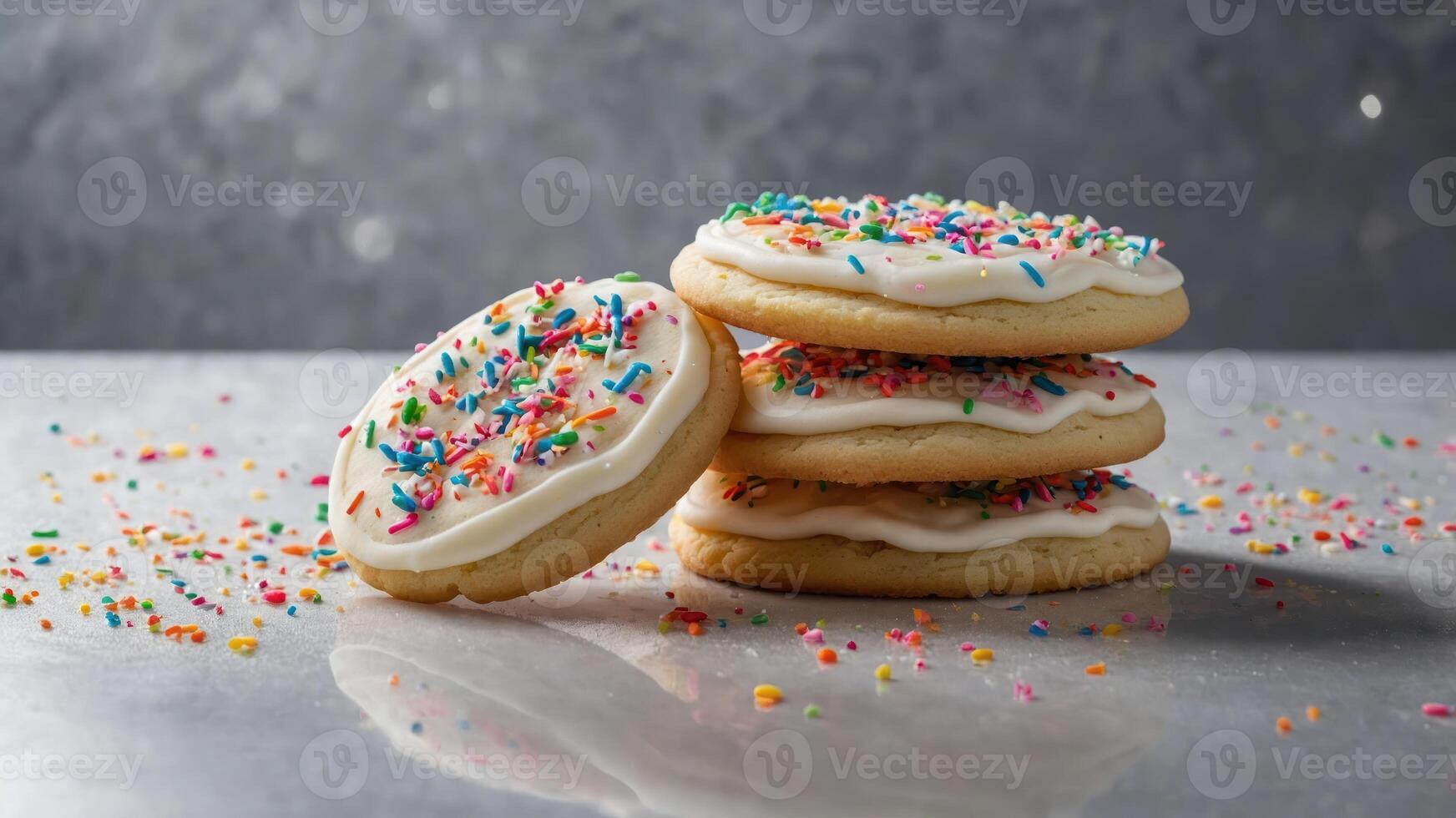 A stack of frosted cookies with colorful sprinkles on a shiny surface. photo