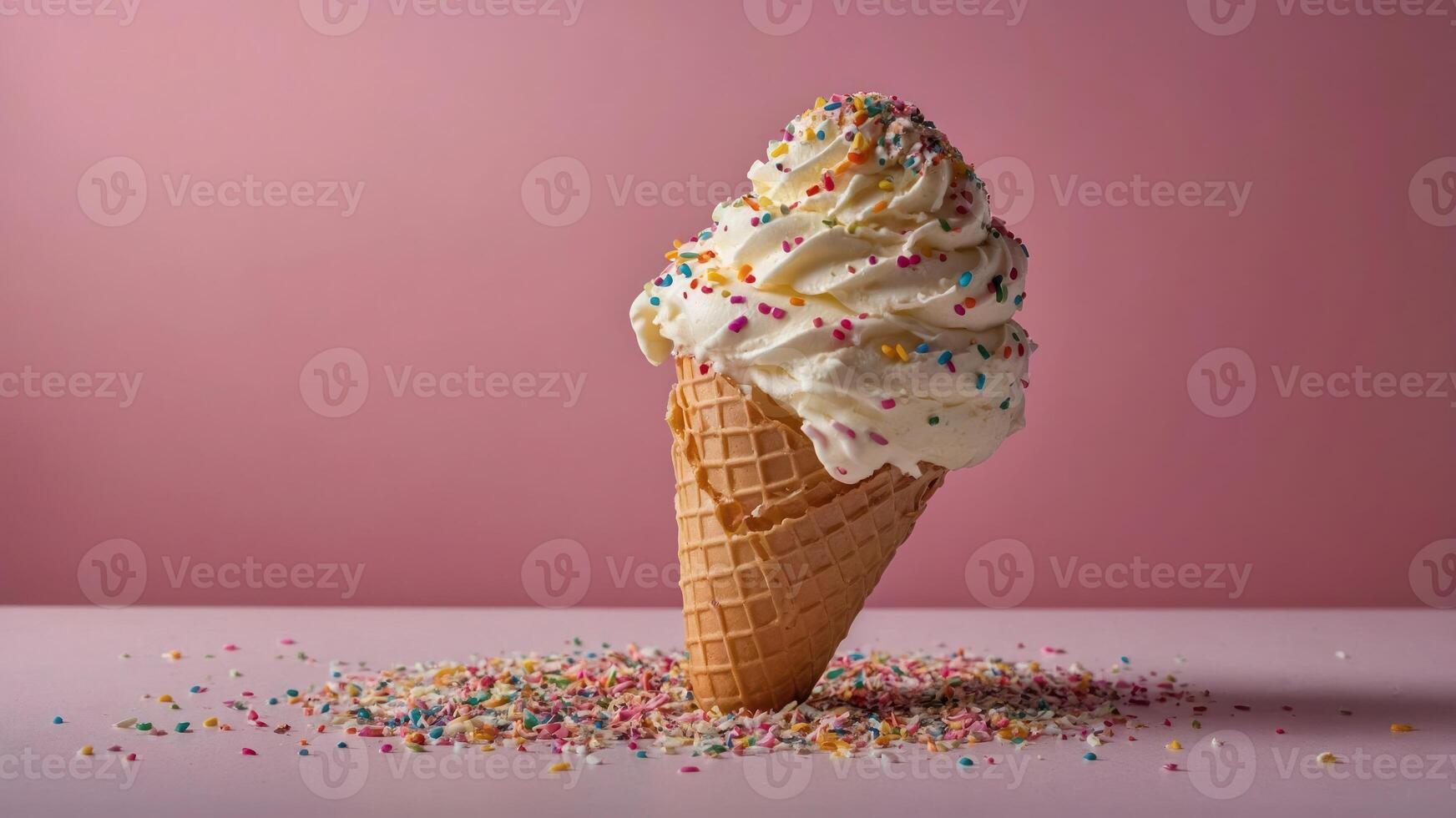 A delicious ice cream cone topped with whipped cream and colorful sprinkles on a pink background. photo