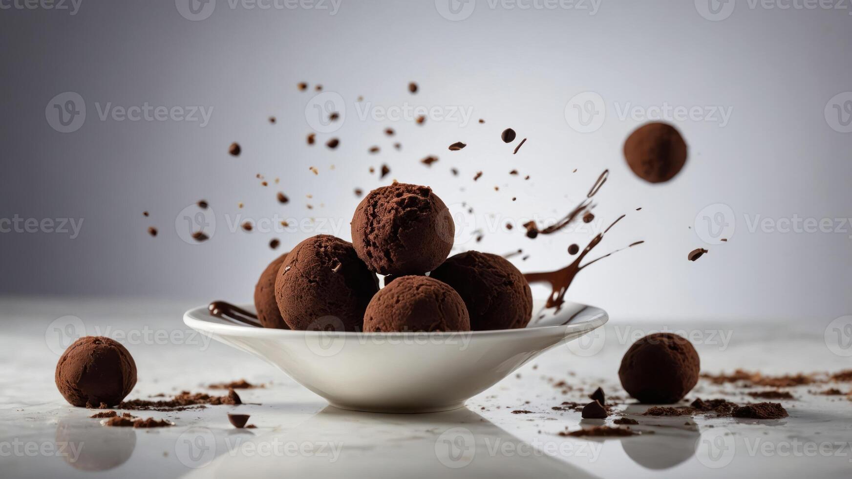 A bowl of chocolate truffles with cocoa powder and chocolate splashes, emphasizing indulgence. photo
