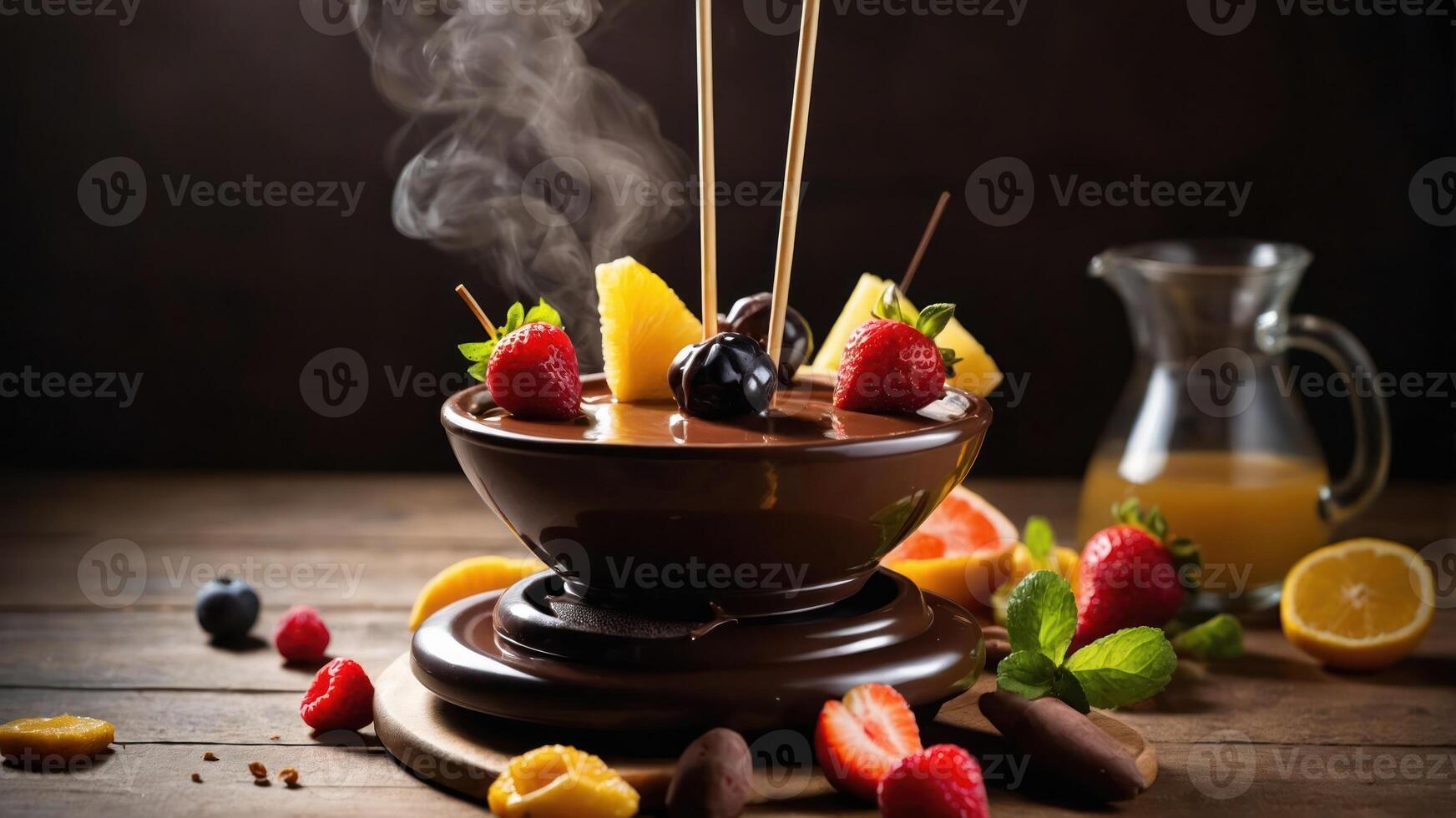 A decadent chocolate fondue display with fresh fruits and garnishes. photo