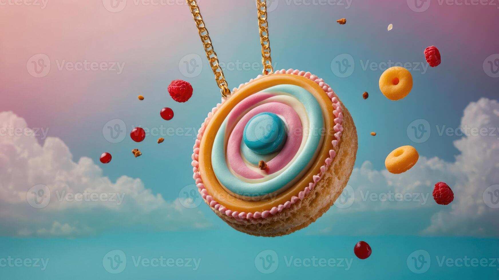 A colorful donut pendant suspended in a whimsical environment with floating elements. photo