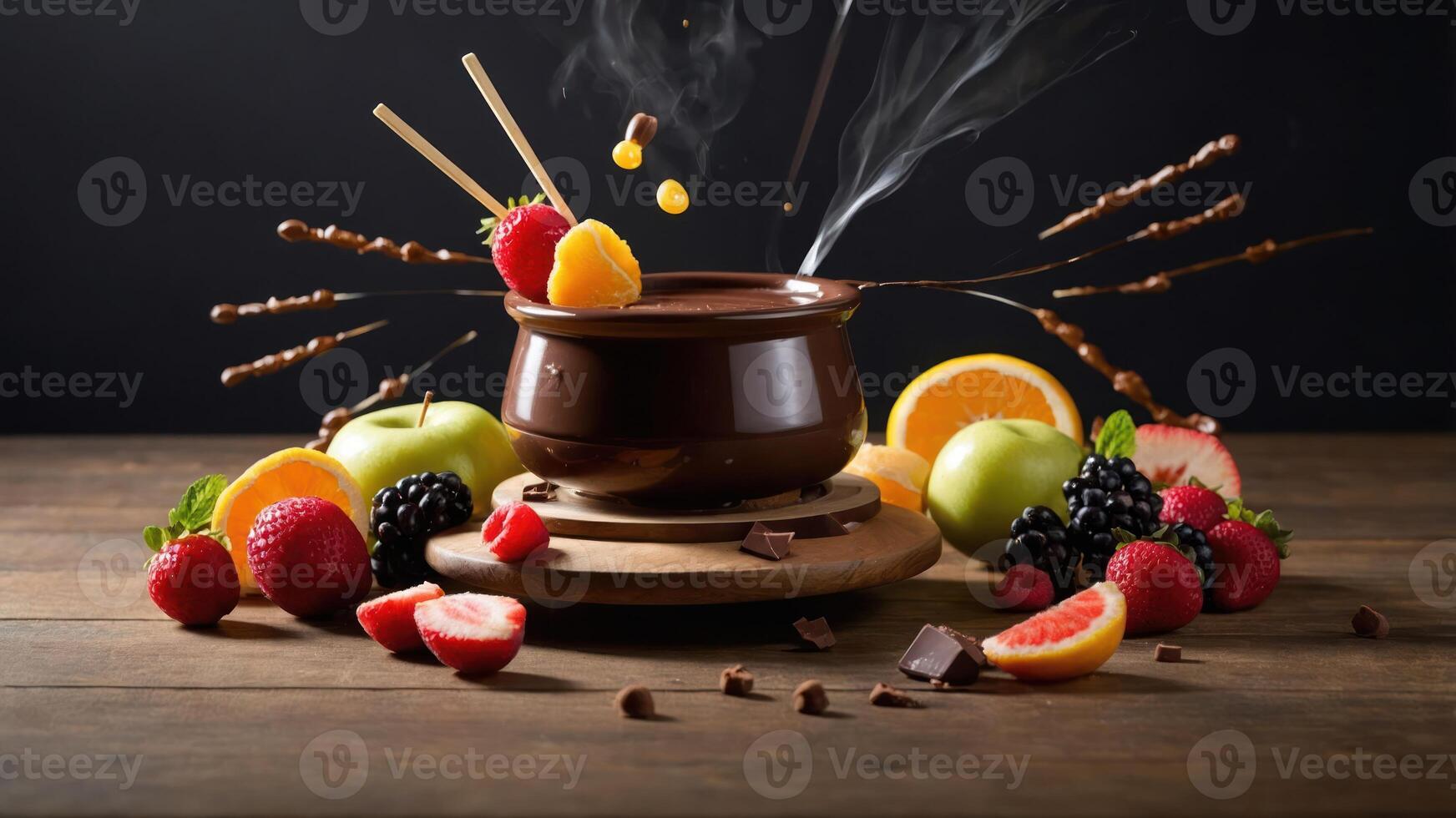A chocolate fondue pot surrounded by fresh fruits and chocolate, creating a delightful dessert scene. photo