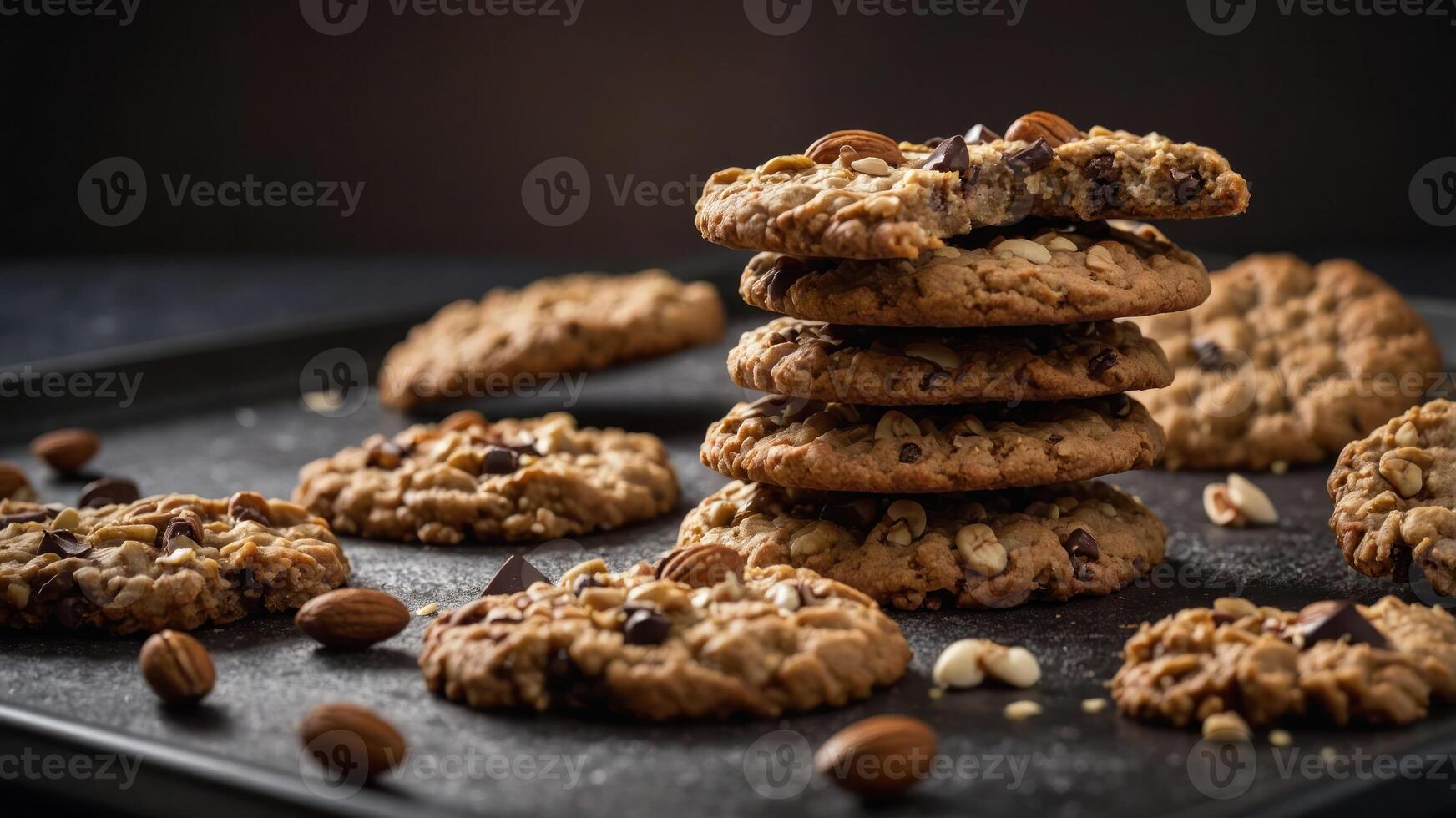 A close-up of freshly baked cookies on a dark tray, showcasing various ingredients and textures. photo