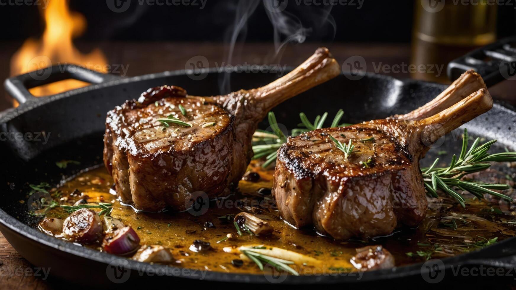 Two succulent lamb chops in a skillet, garnished with herbs and surrounded by flavorful juices. photo