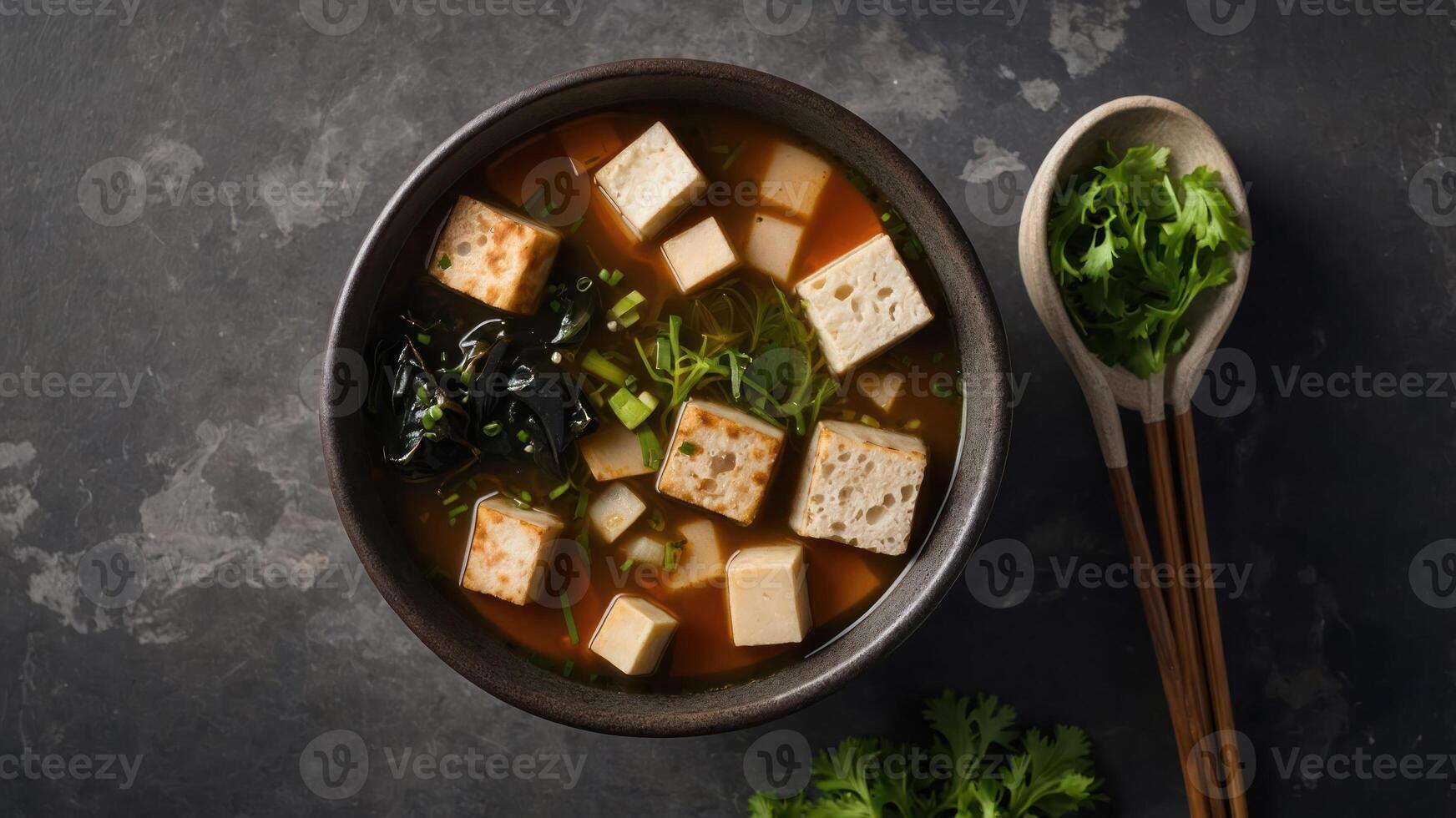 A bowl of soup with tofu, herbs, and spices, served with a spoon and chopsticks. photo
