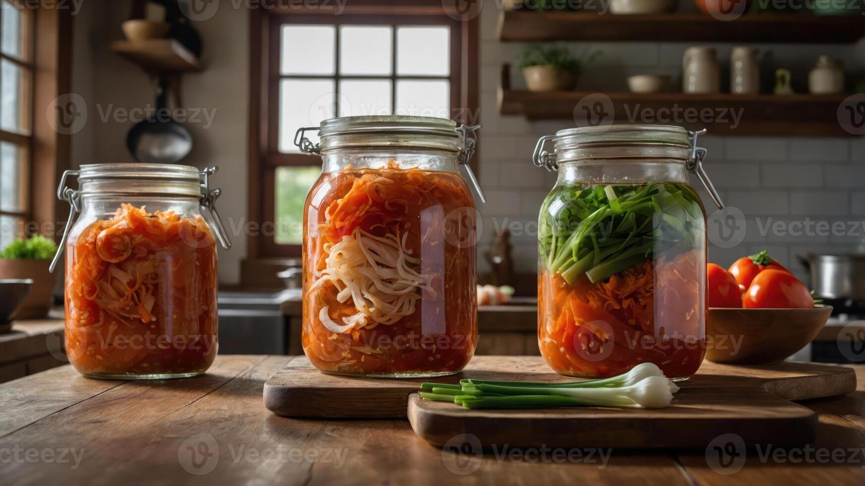Jars filled with colorful fermented vegetables on a wooden table in a cozy kitchen. photo