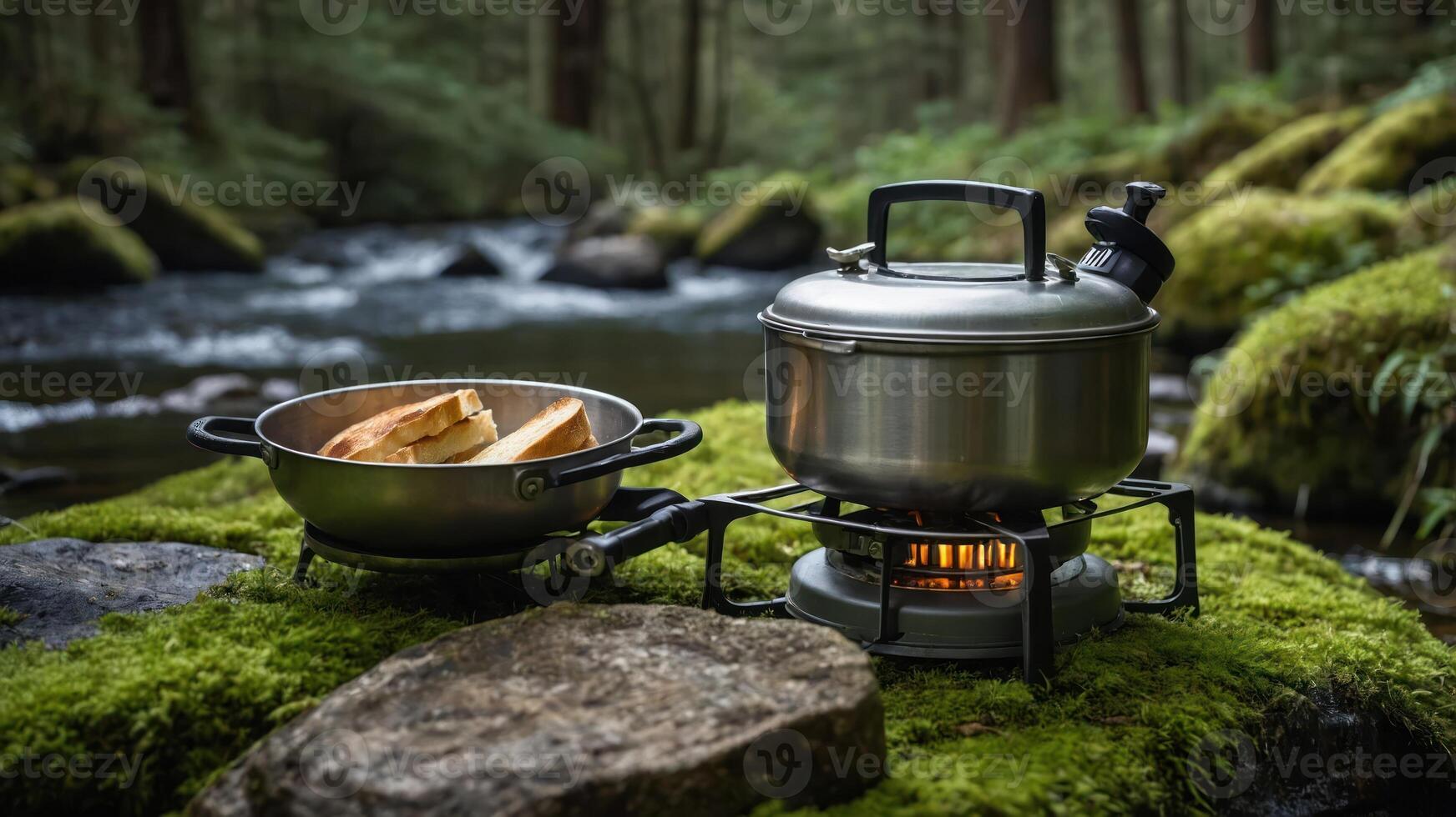A camping scene featuring a portable stove, cooking pot, and bread by a serene stream. photo