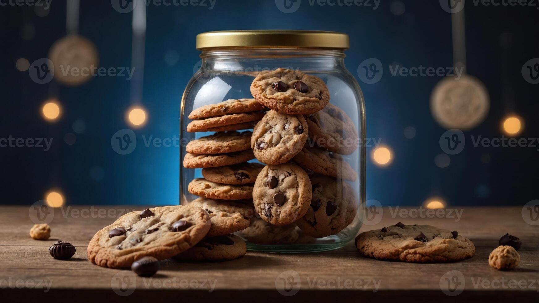 A jar filled with chocolate chip cookies, some placed around it, set against a dreamy background. photo