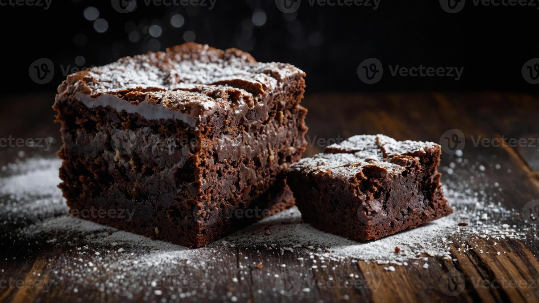 A rich chocolate brownie dusted with powdered sugar, served on a rustic wooden surface. photo