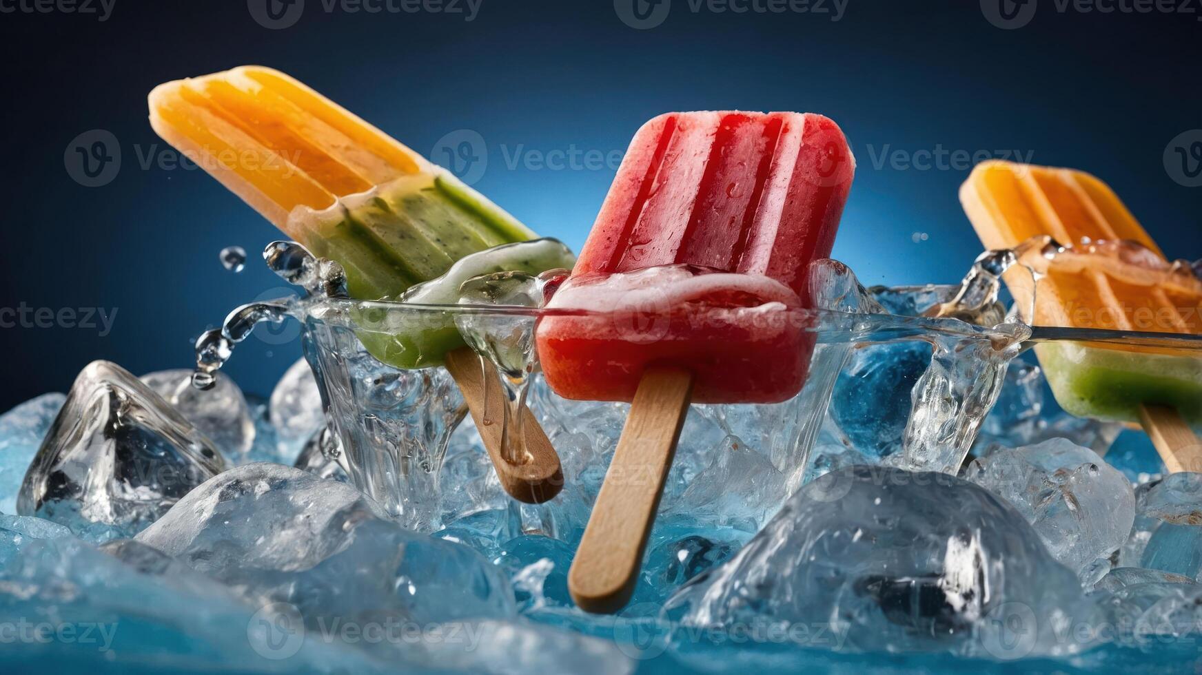 Colorful popsicles resting on ice, creating a refreshing summer vibe. photo