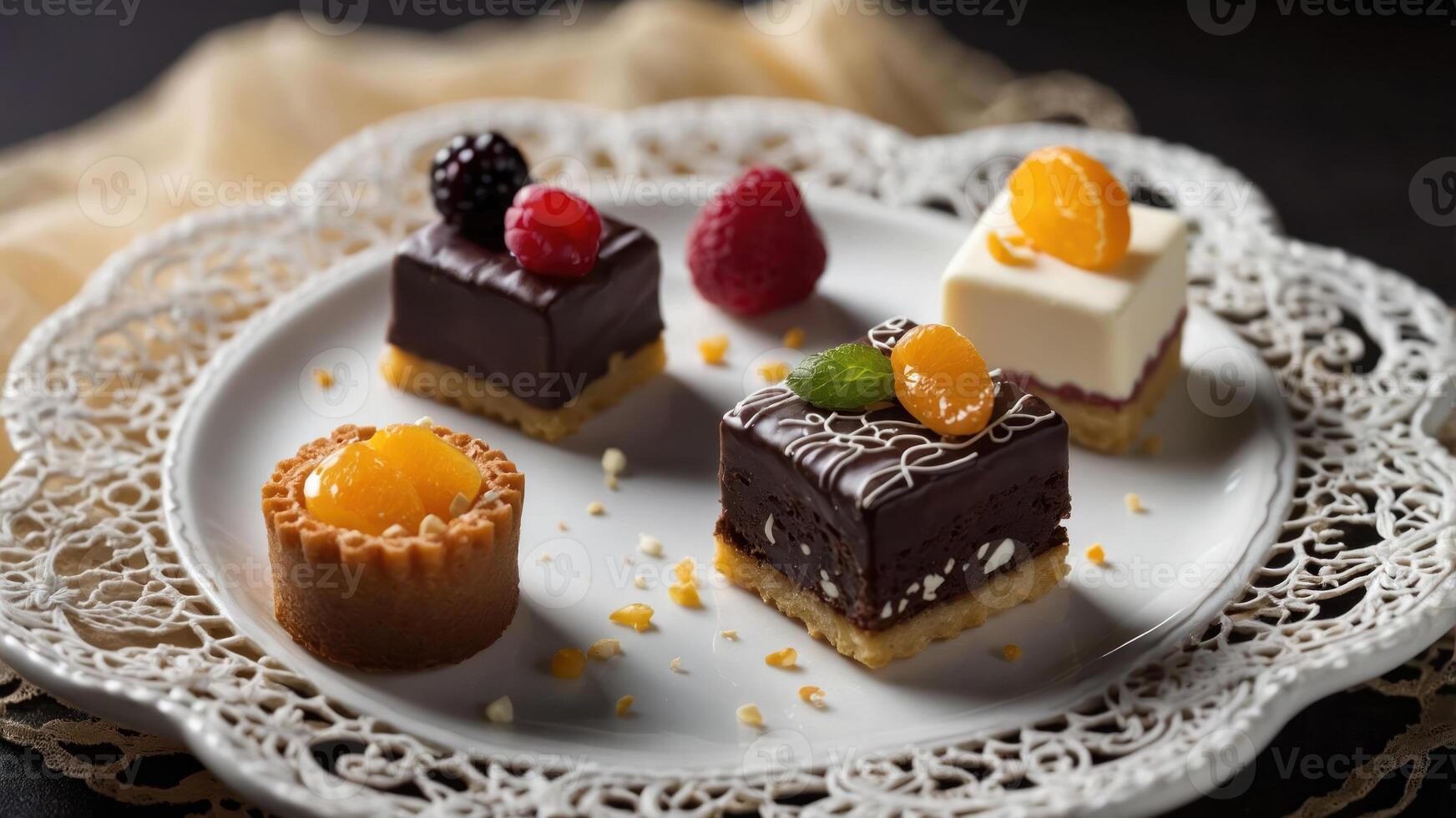 A plate of assorted gourmet desserts garnished with fruits and elegant presentation. photo