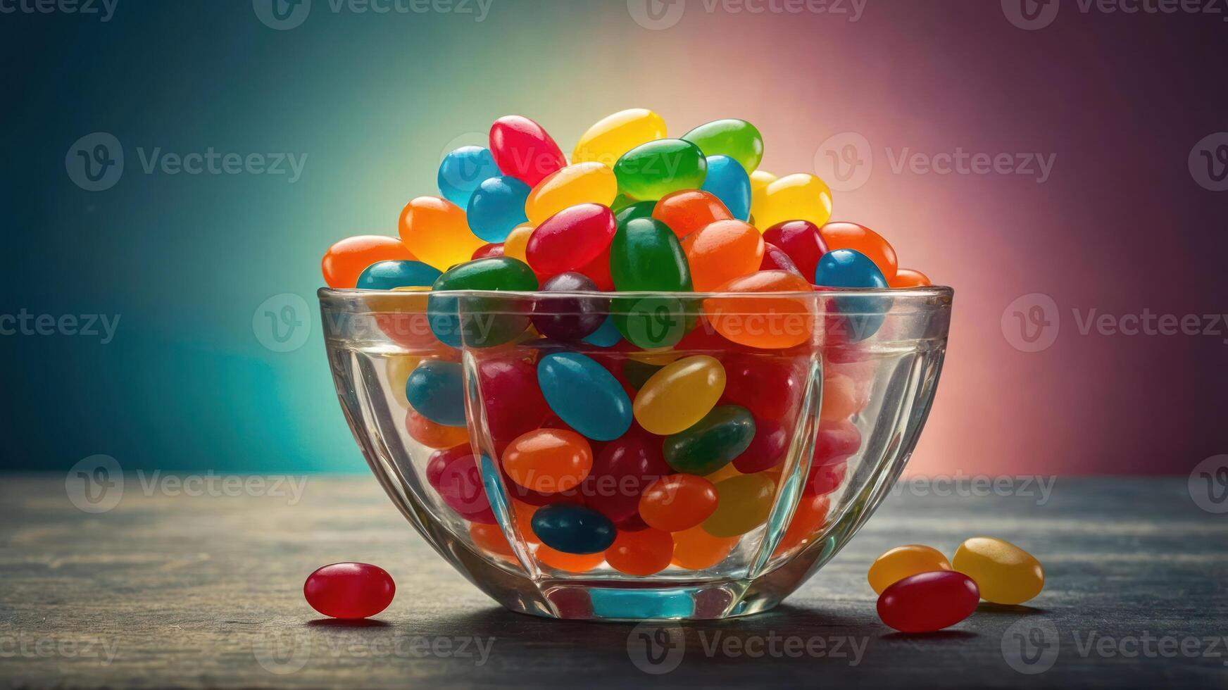 A vibrant bowl filled with colorful jelly beans against a soft gradient background. photo