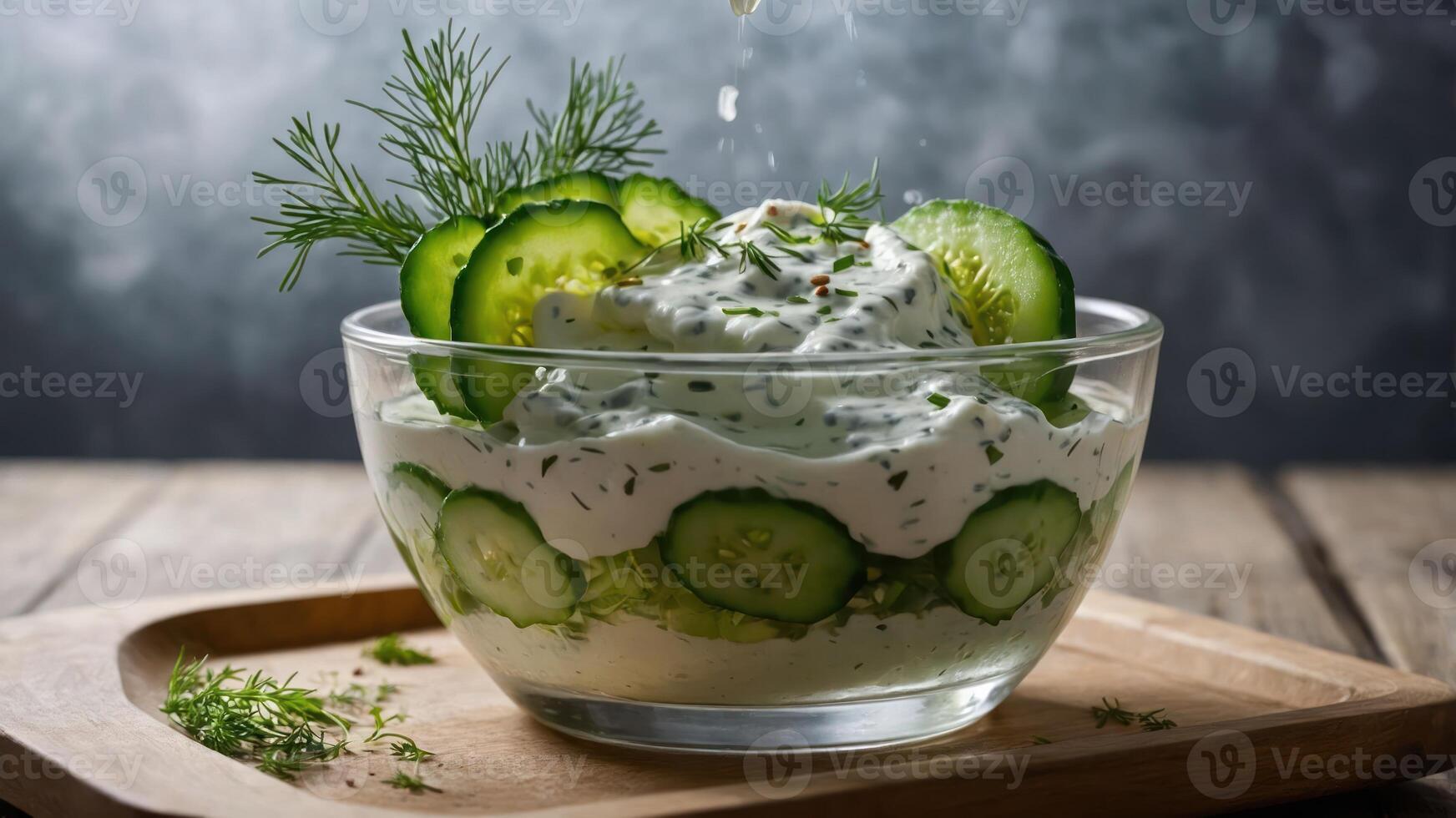 A fresh cucumber salad with creamy dressing and herbs in a glass bowl. photo