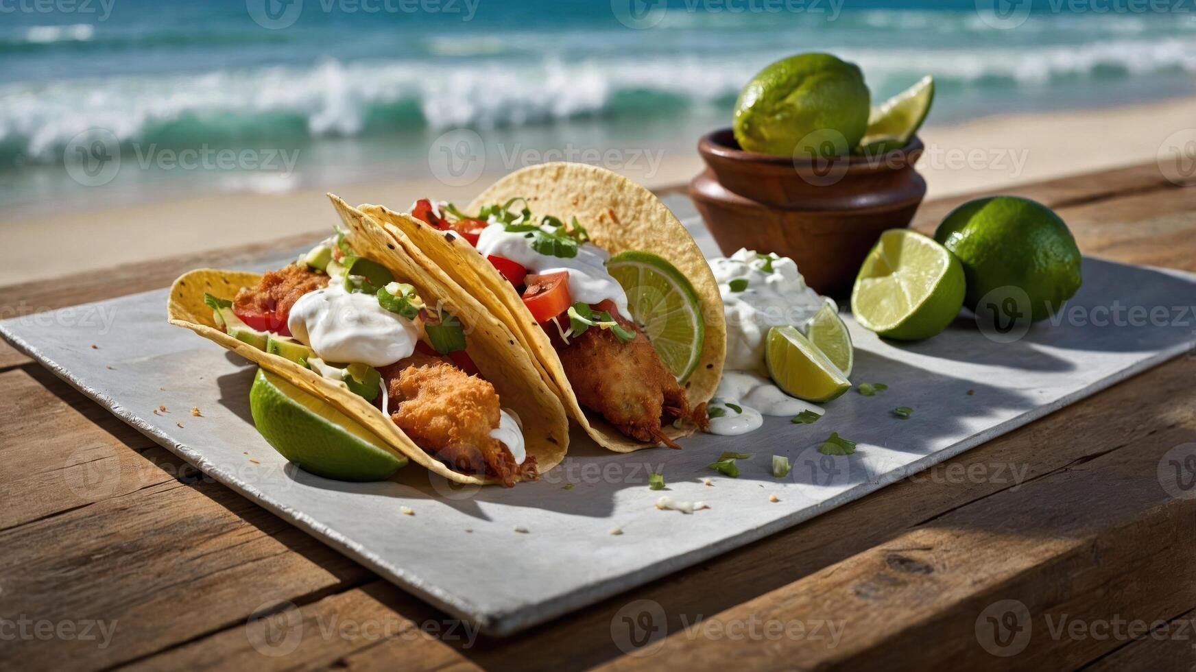 Two tacos filled with fish, garnished with lime and herbs, set on a beachside table. photo