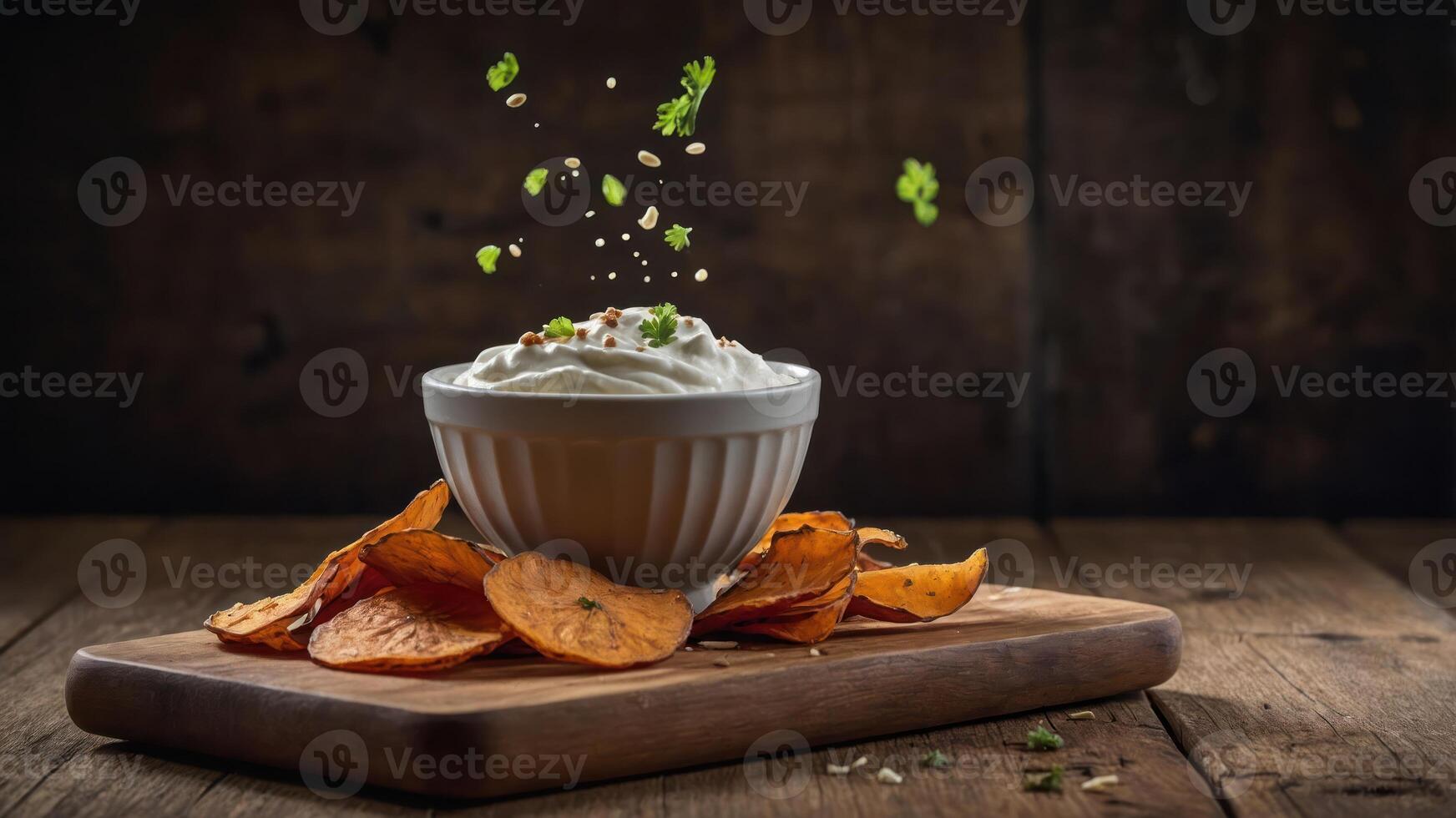 A bowl of creamy dip garnished with herbs, surrounded by crispy sweet potato chips. photo