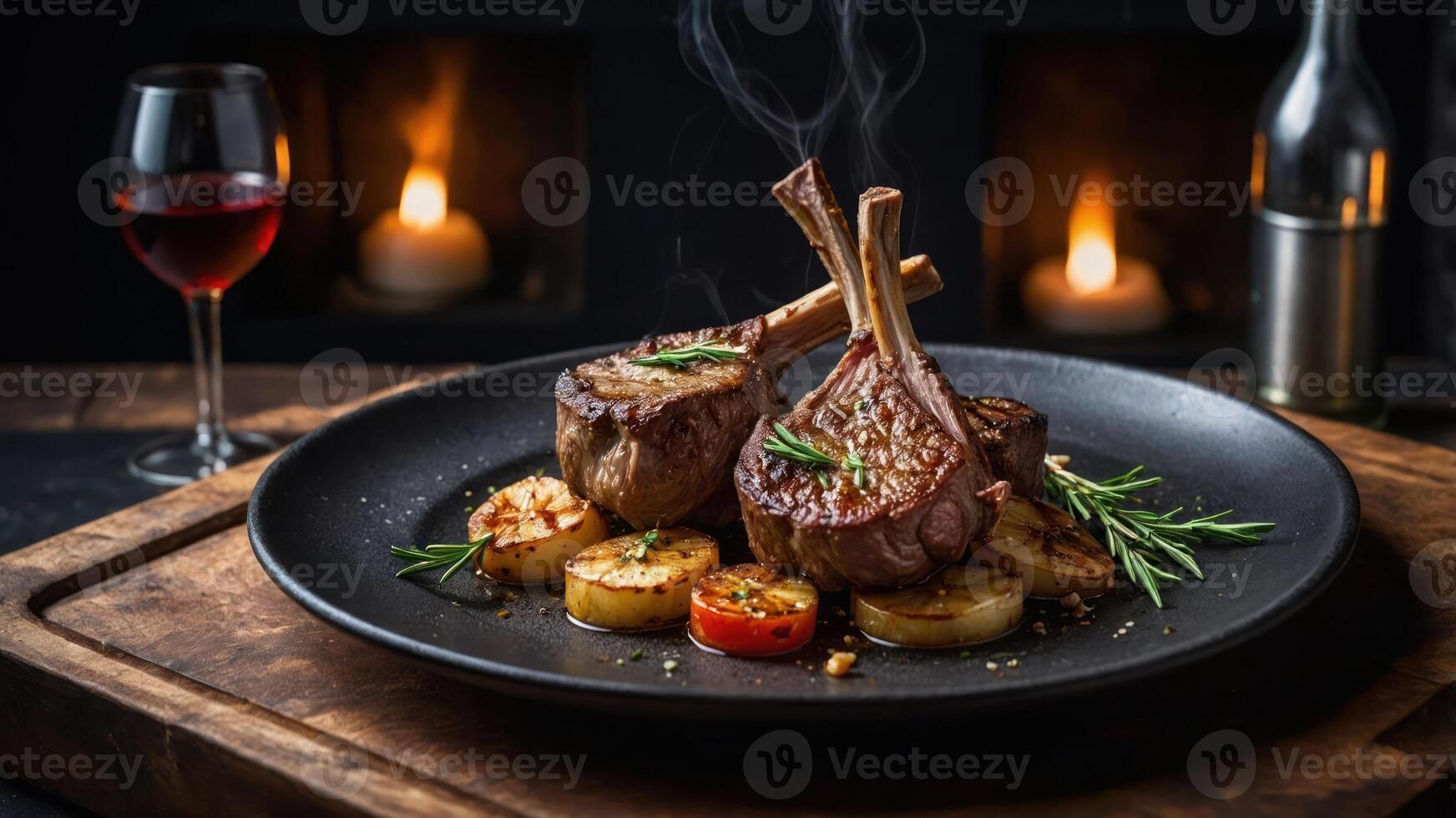 A gourmet dish featuring lamb chops with vegetables, served with a glass of red wine. photo
