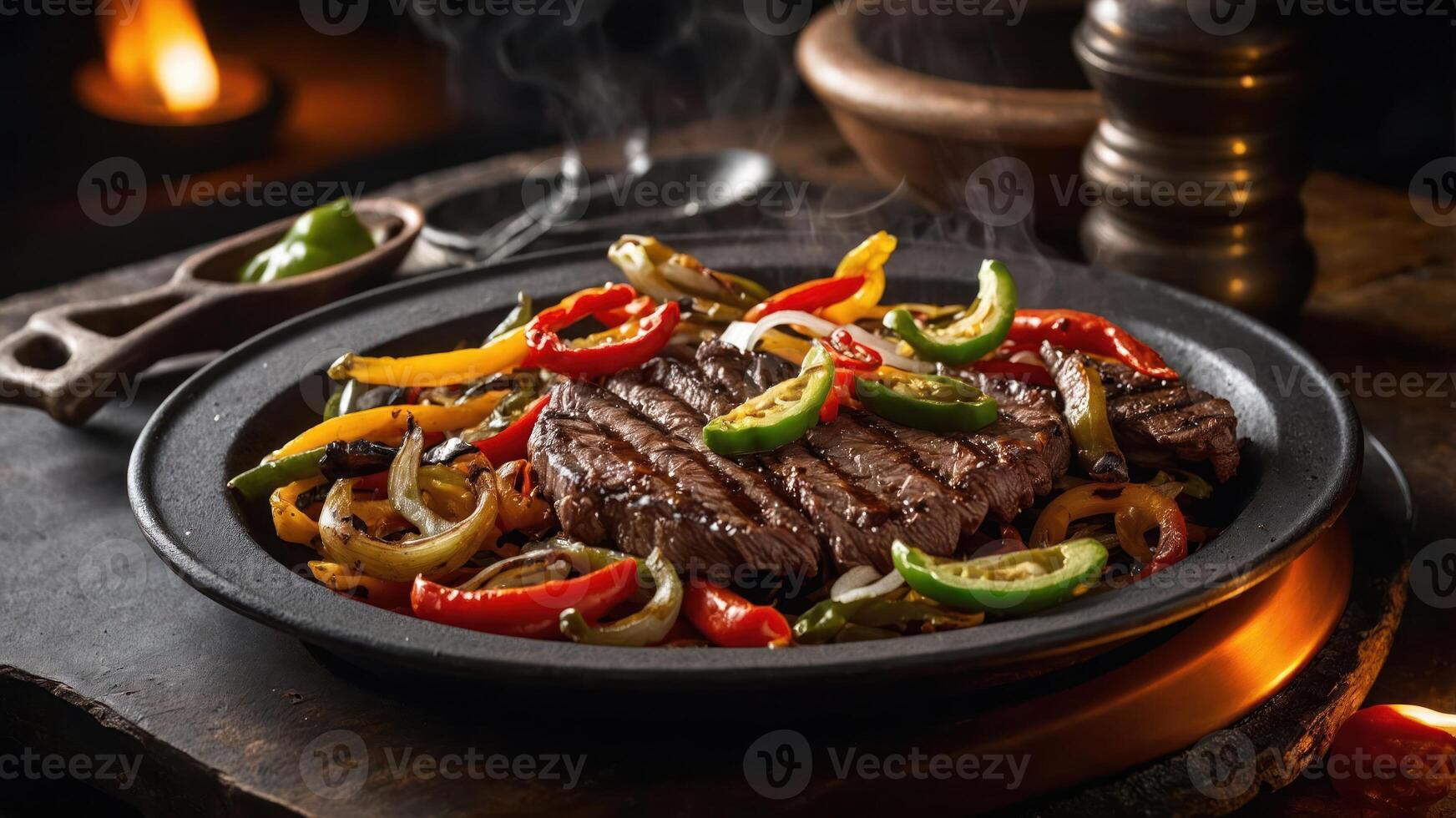 A sizzling platter of grilled steak with colorful peppers and onions, served hot. photo