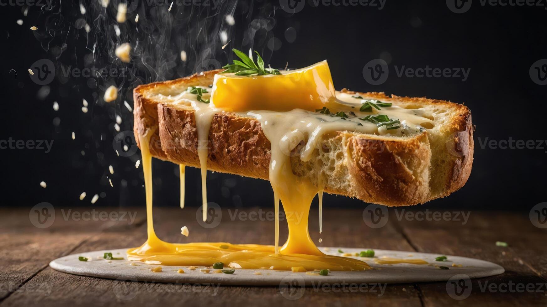 A mouthwatering grilled cheese sandwich with melted cheese oozing from toasted bread. photo