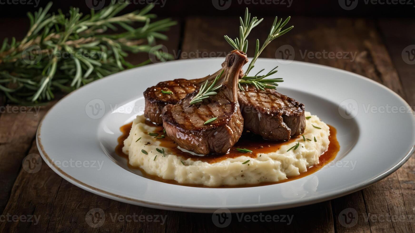 A gourmet dish featuring grilled lamb chops served on creamy mashed potatoes with herbs. photo